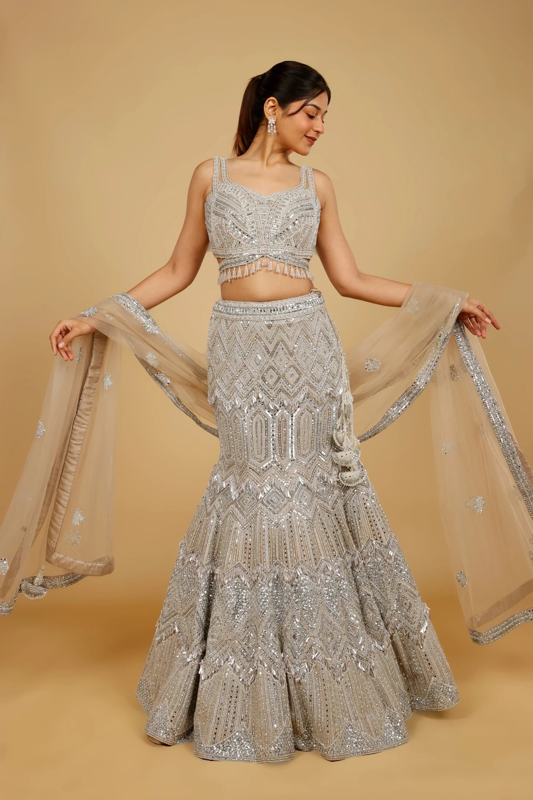 Champagne Net Mermaid Lehenga Set with Mirror, Pearl & Sequin Embroidery