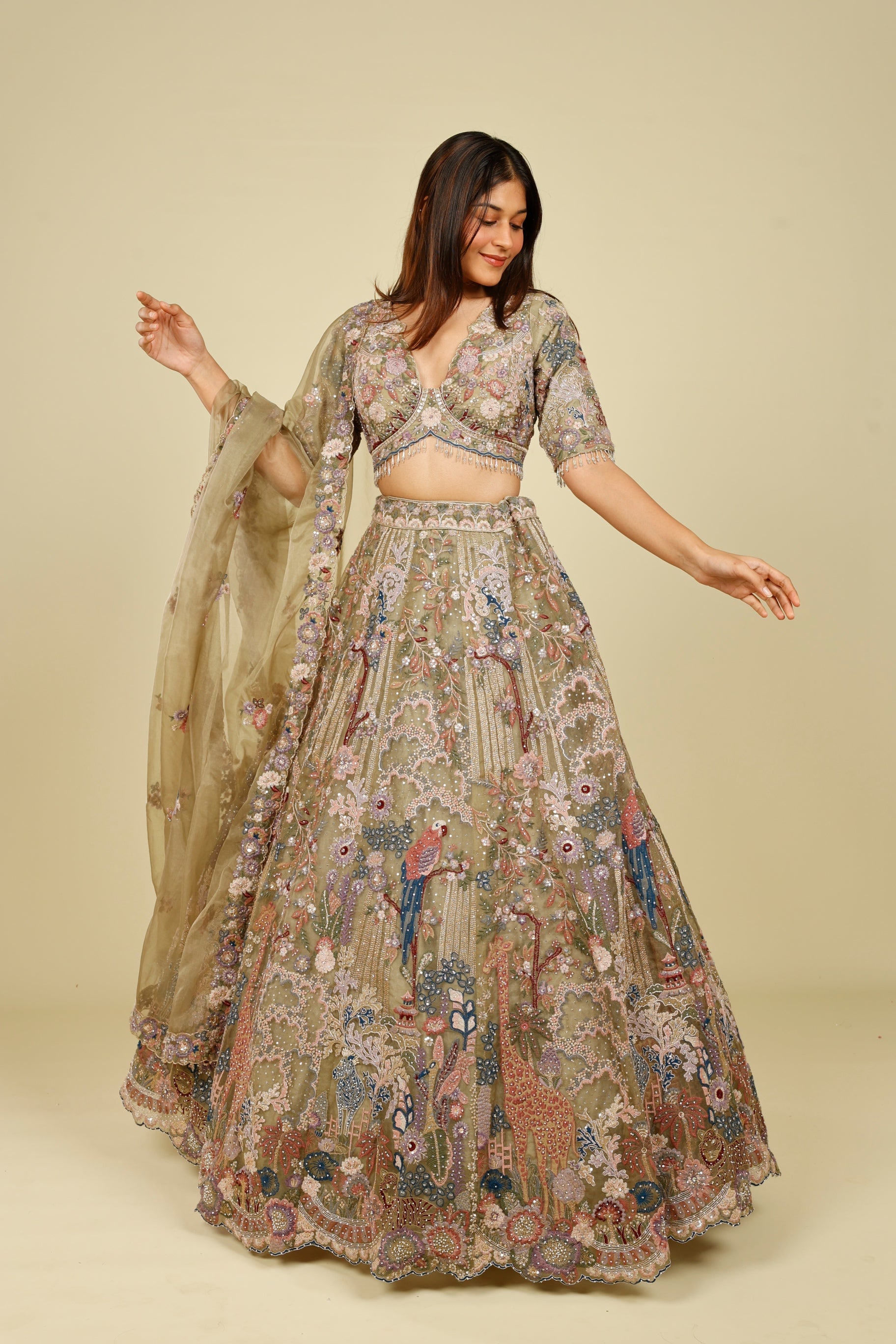 Olive Green Organza Embroidered Lehenga with Multicolour Zari, Sequins & Pearl Work | Mokshaa