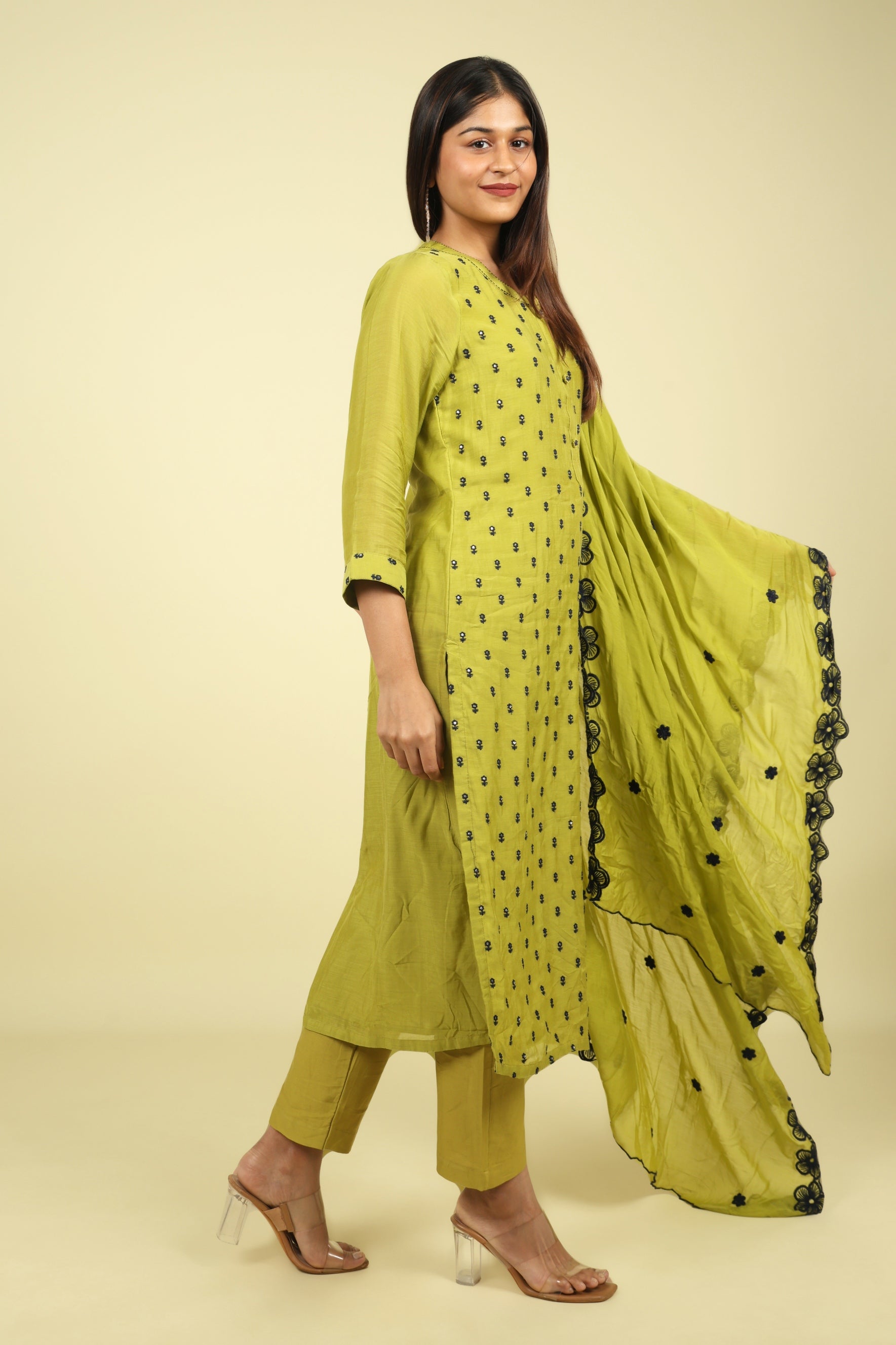 Olive Green Mul Chanderi Straight Cut Salwar Set with Navy Thread Embroidery