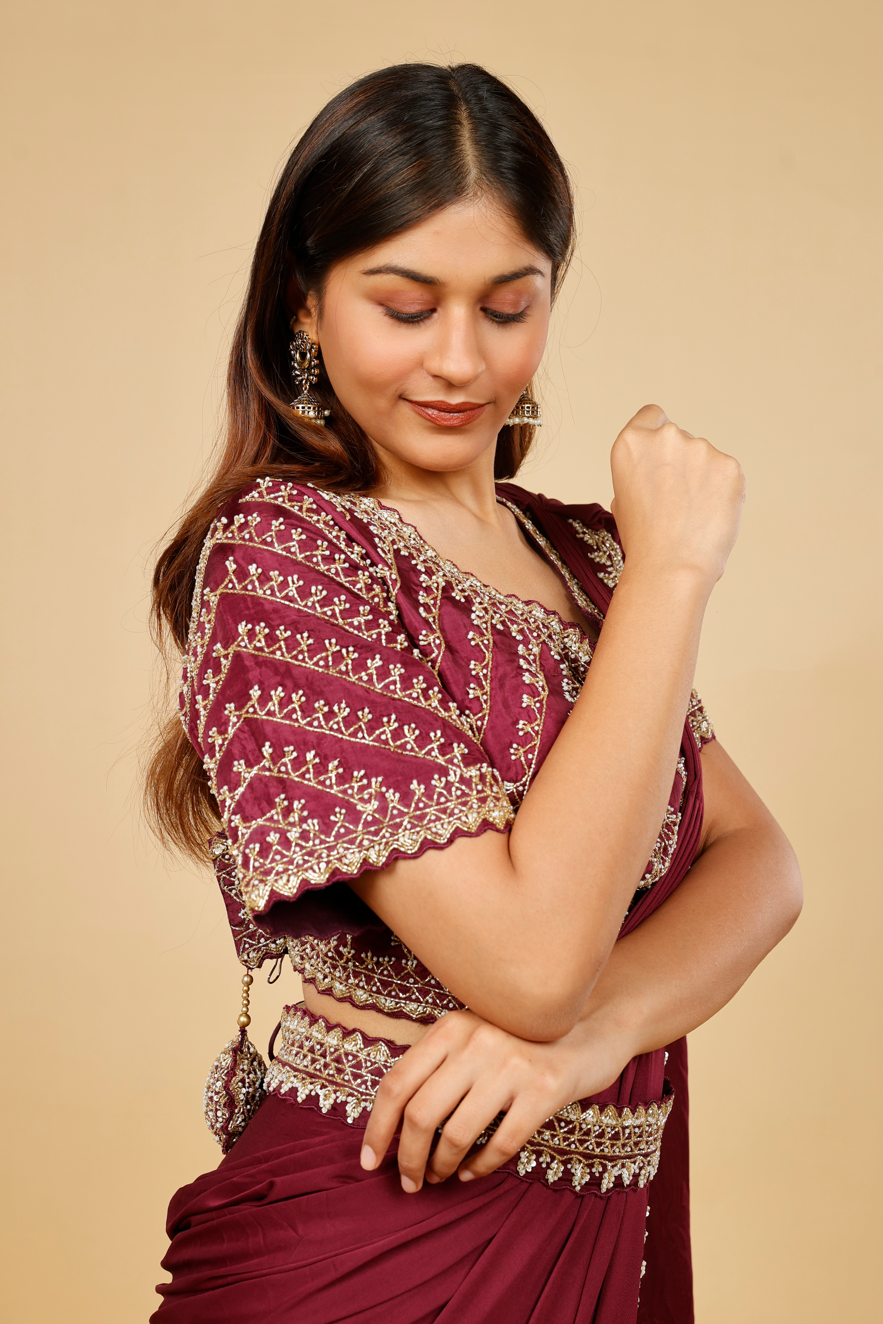 Maroon Satin Lycra Drape Saree with Pearl & Cutdana Embroidery