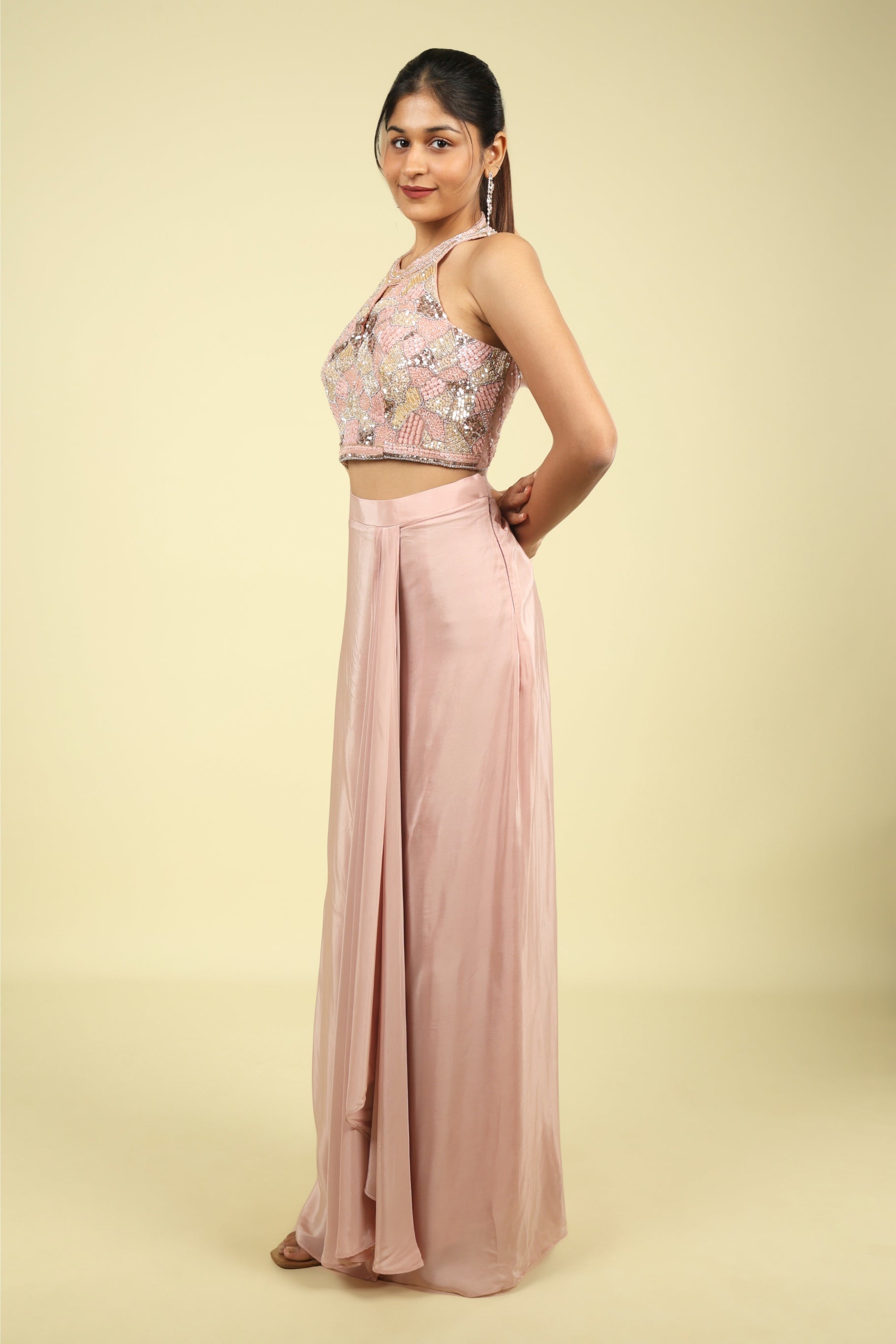 Blush Pink Halter Neck Embellished Drape Skirt Set