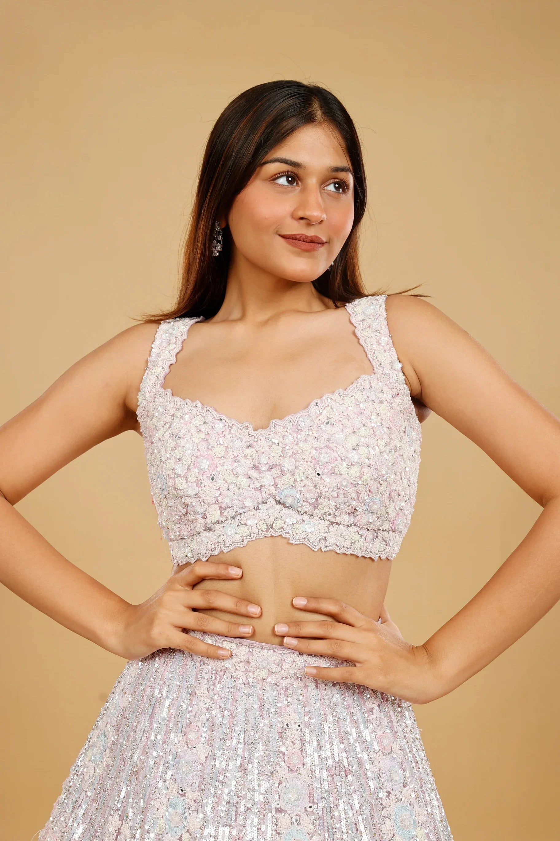 Pink Net Lehenga Set with Multi-Colour Sequin, Pearl & Stone Embroidery