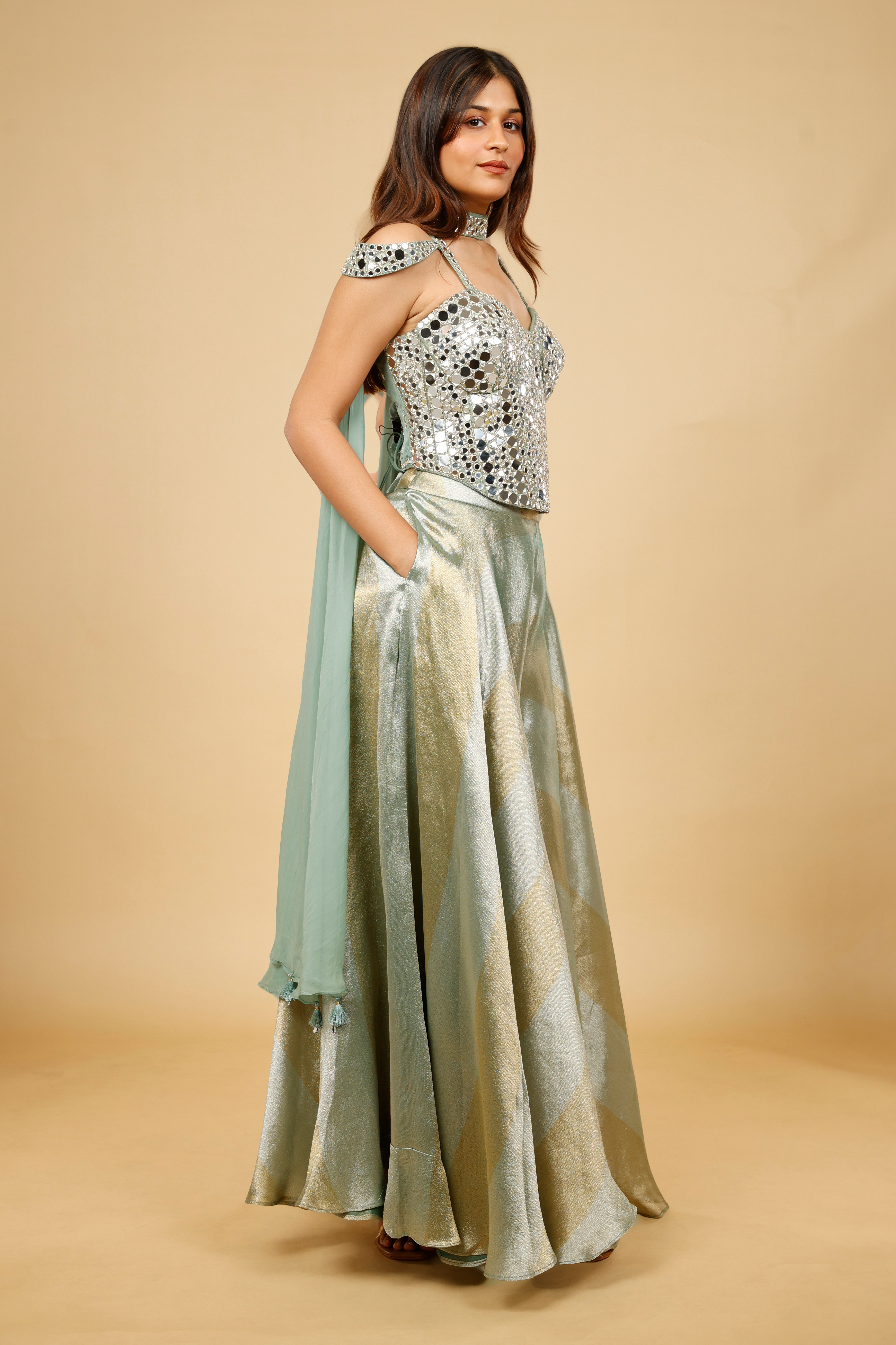 Sage Green Banarasi Tissue Corset Palazzo Set with Mirror Embroidery