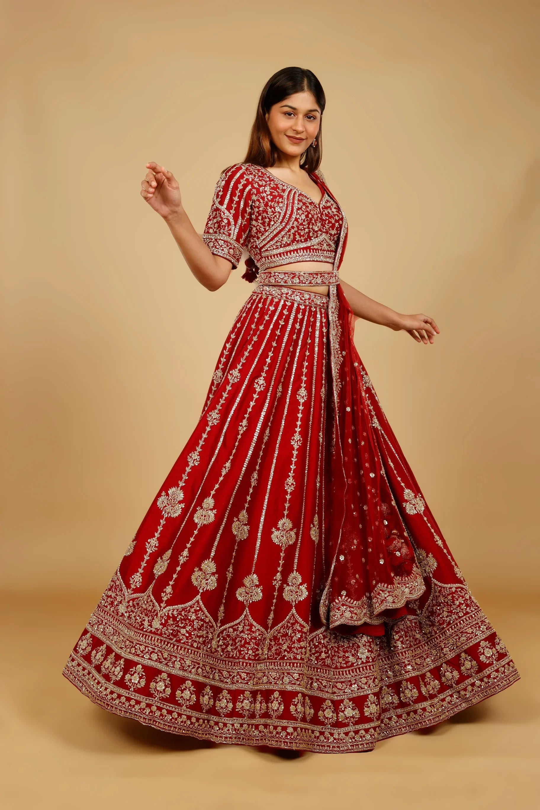 Maroon Raw Silk Bridal Lehenga Set with Zari, Sequin & Pearl Embroidery