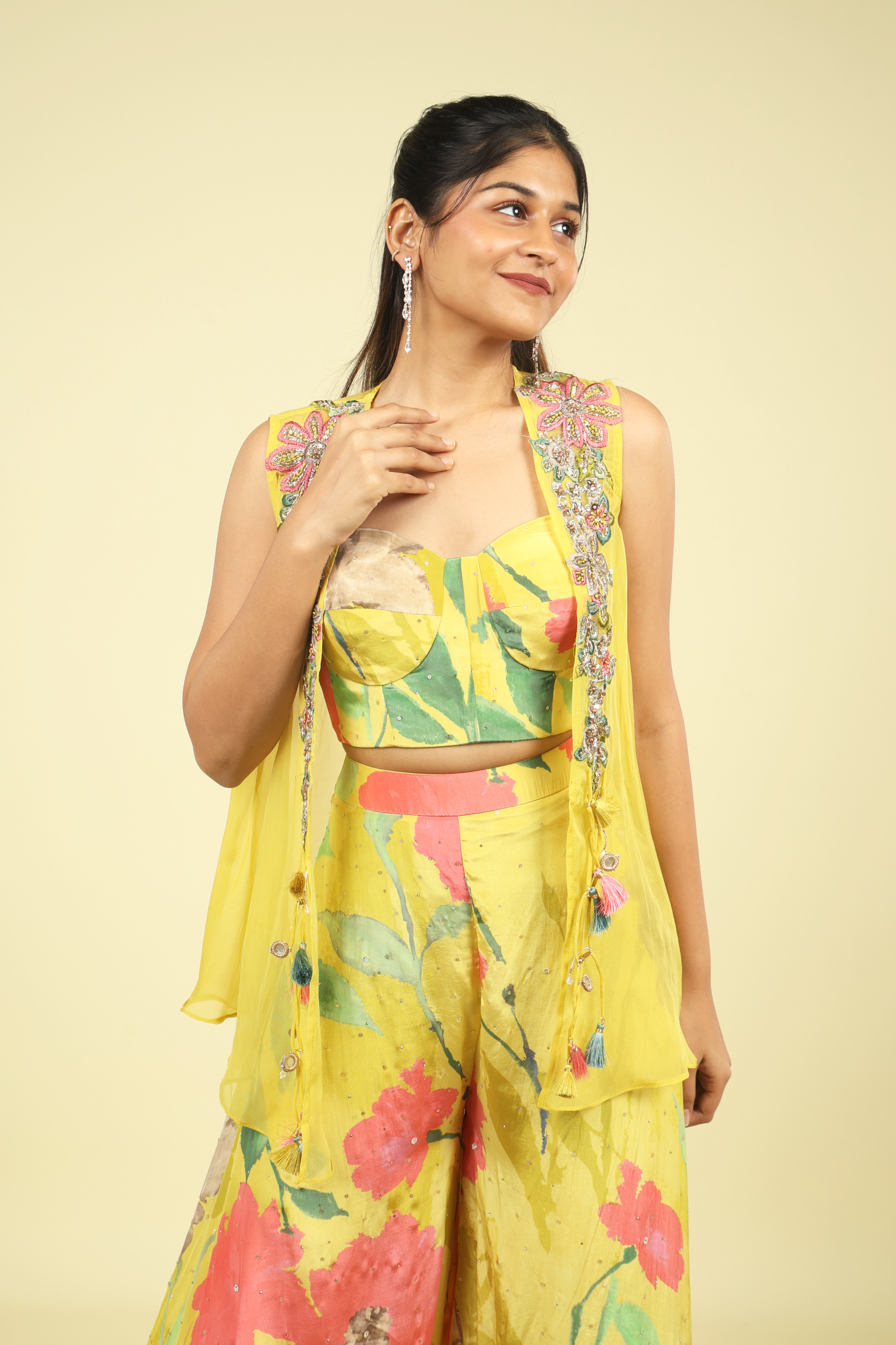 Yellow Printed Crepe Crop Top Palazzo Set