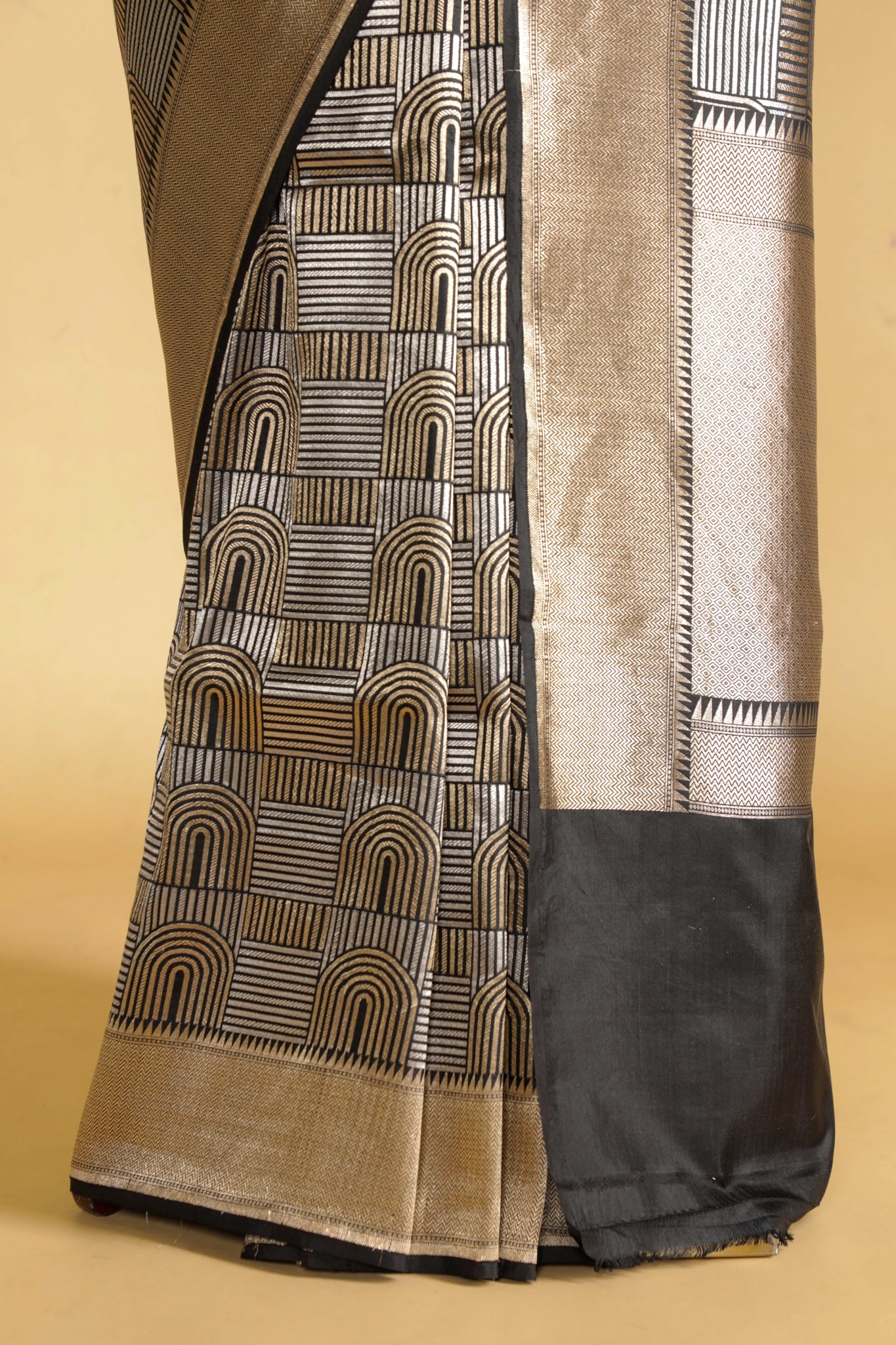 Black Banarasi Silk Saree with Gold & Silver Zari Box Weaving**