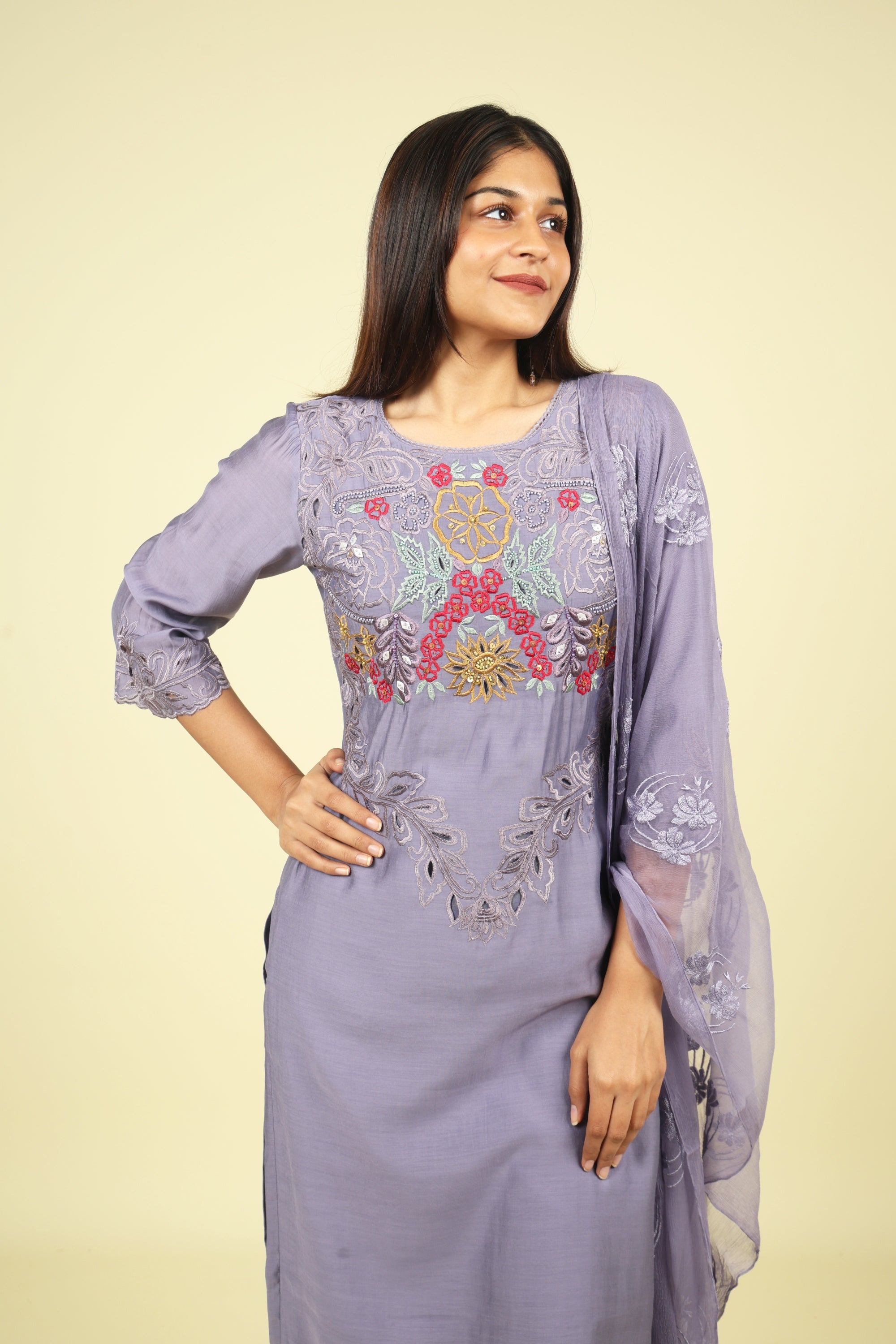 Violet Embroidered Mul Chanderi Salwar Suit