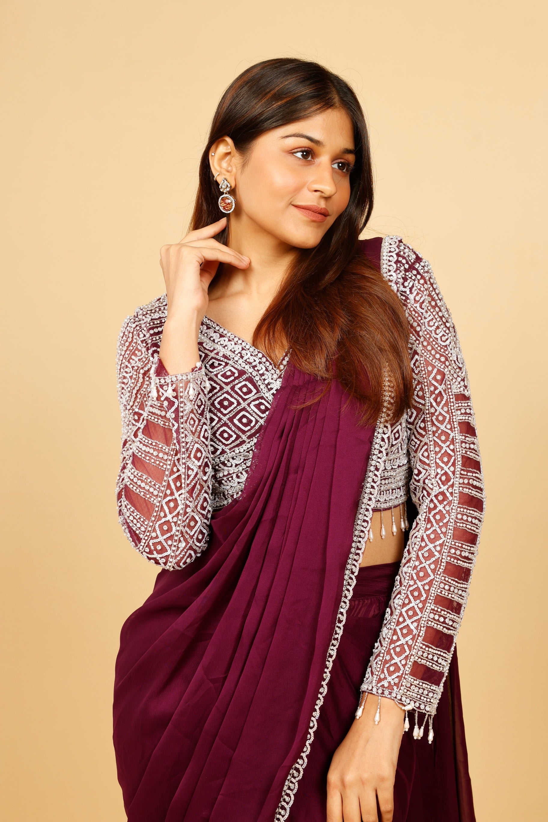 Plum Chinon Drape Saree with Sequin & Stone Embroidered Blouse