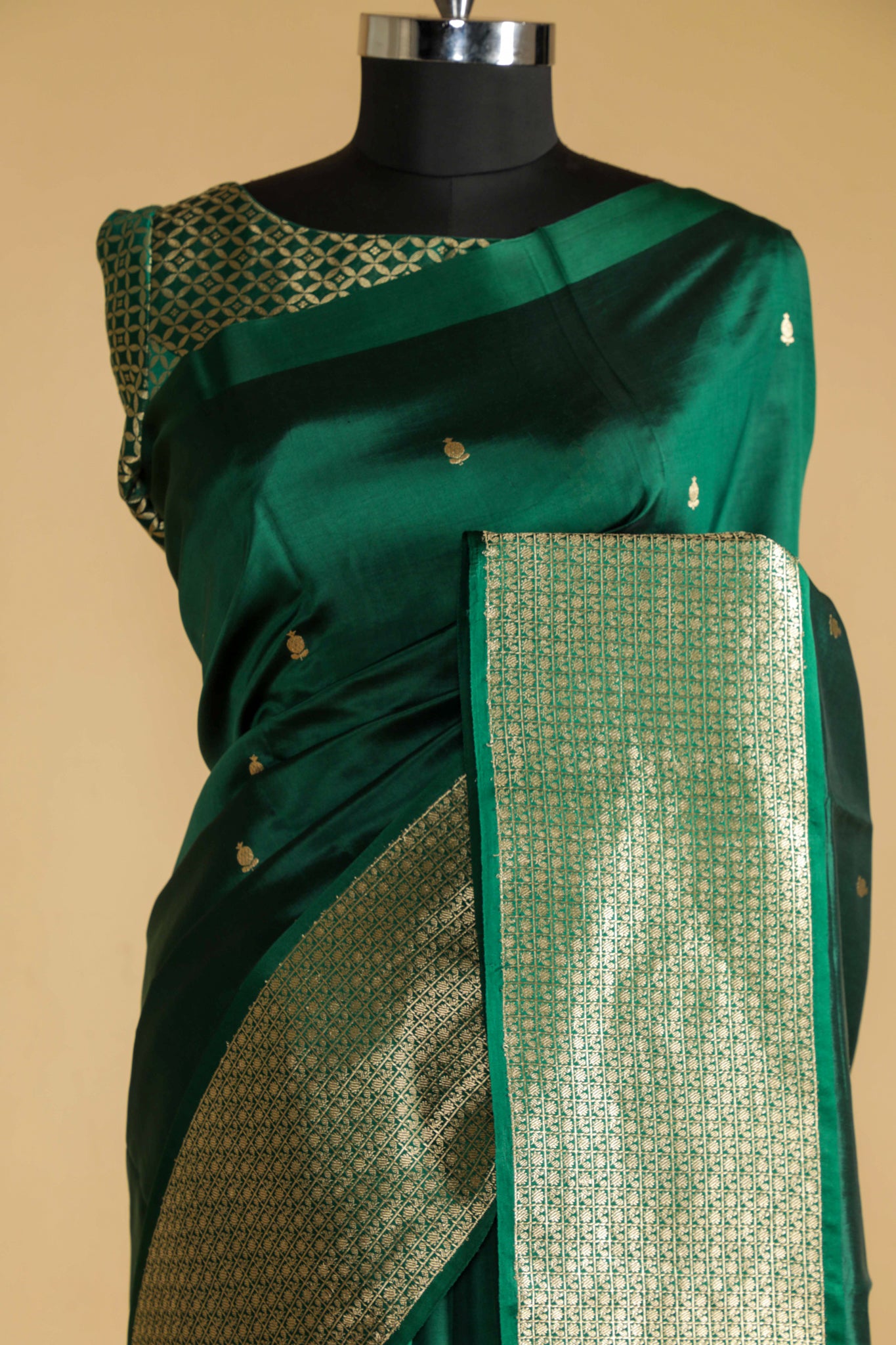 Bottle Green Banarasi Silk Saree with All-Over Buttas & Zari Border