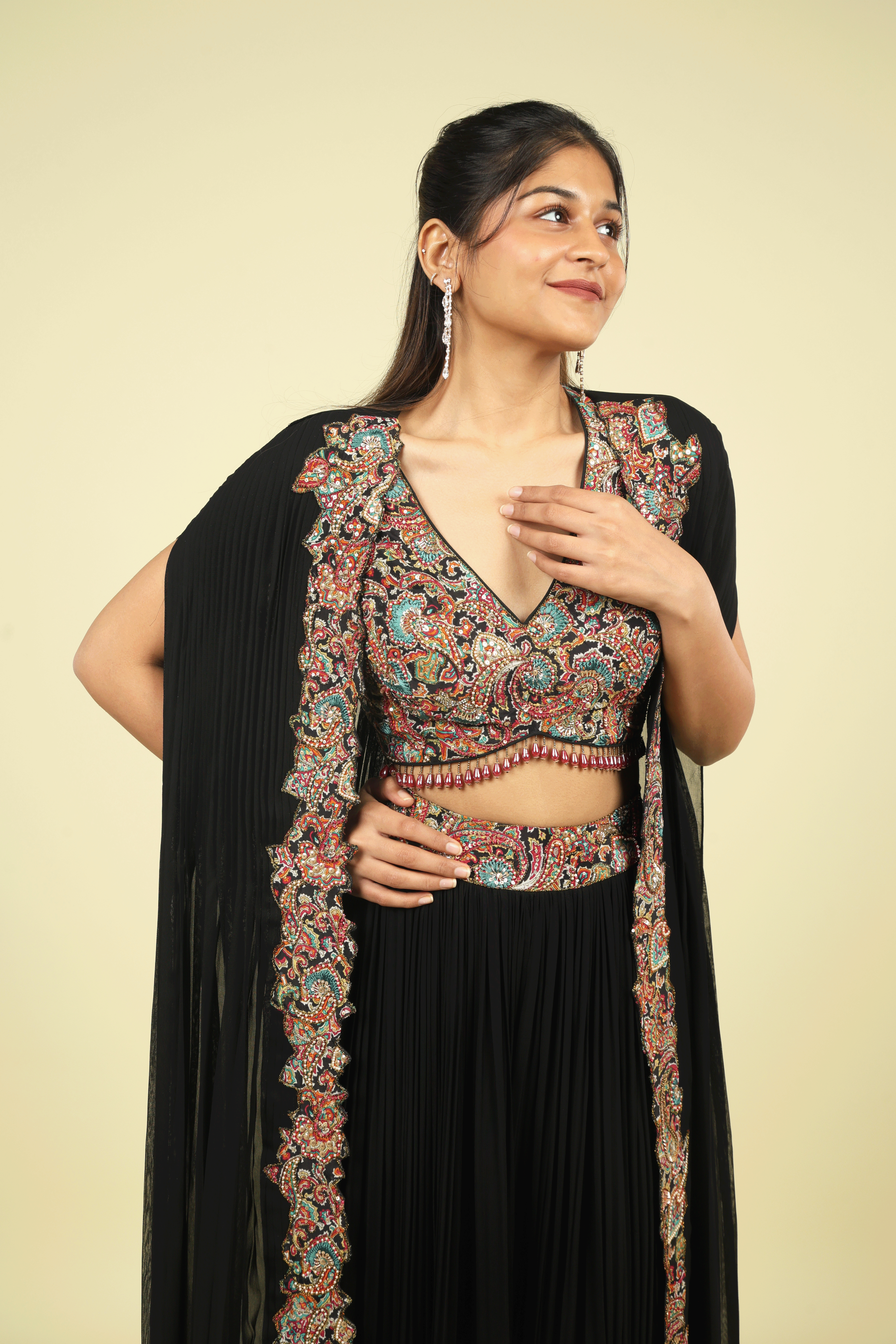 Black Georgette Crop Top Palazzo Set with Embroidered Cape