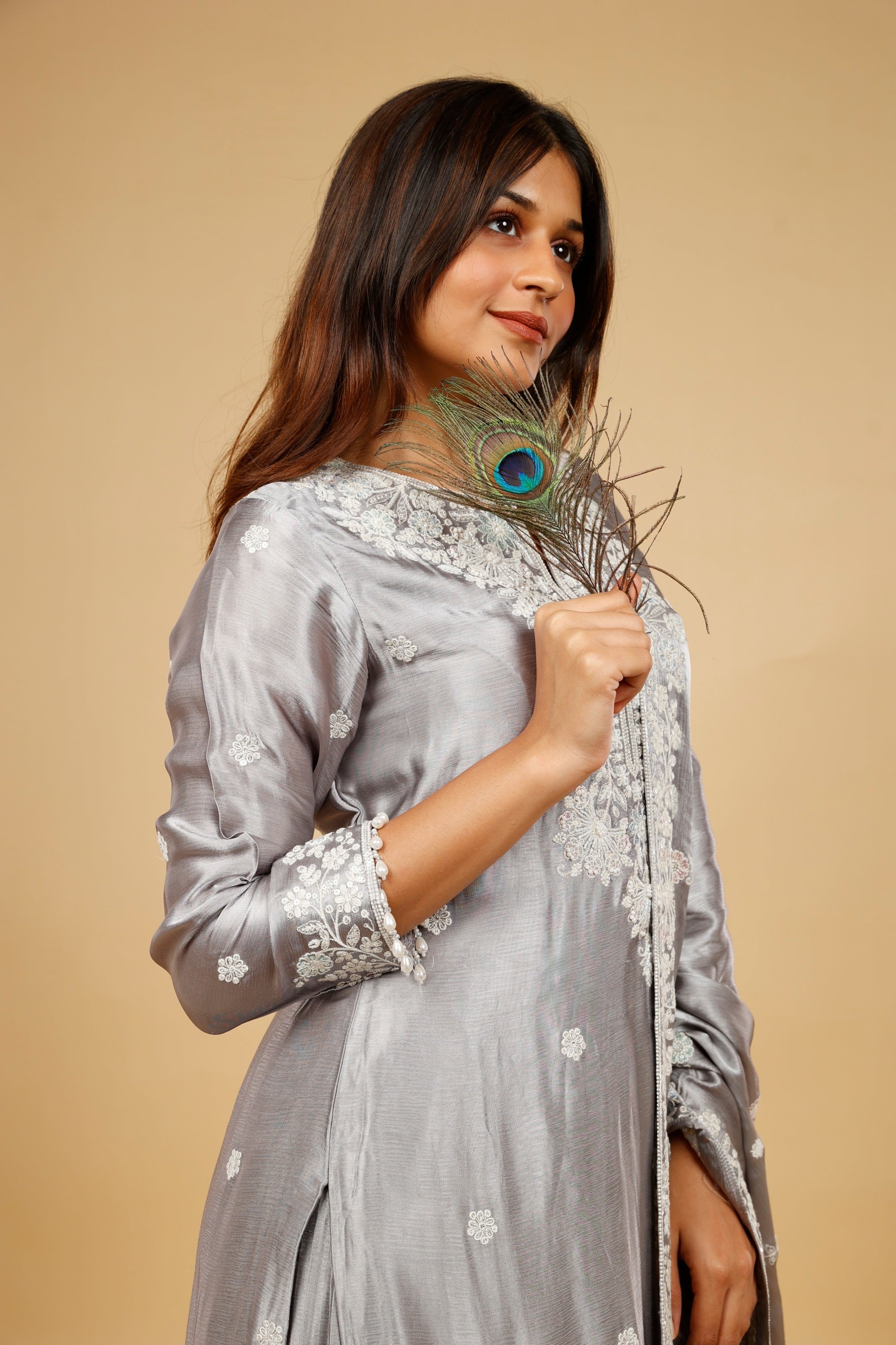 Silver Grey Chinon Silk Sharara Set with Thread, Pearl & Sequin Embroidery