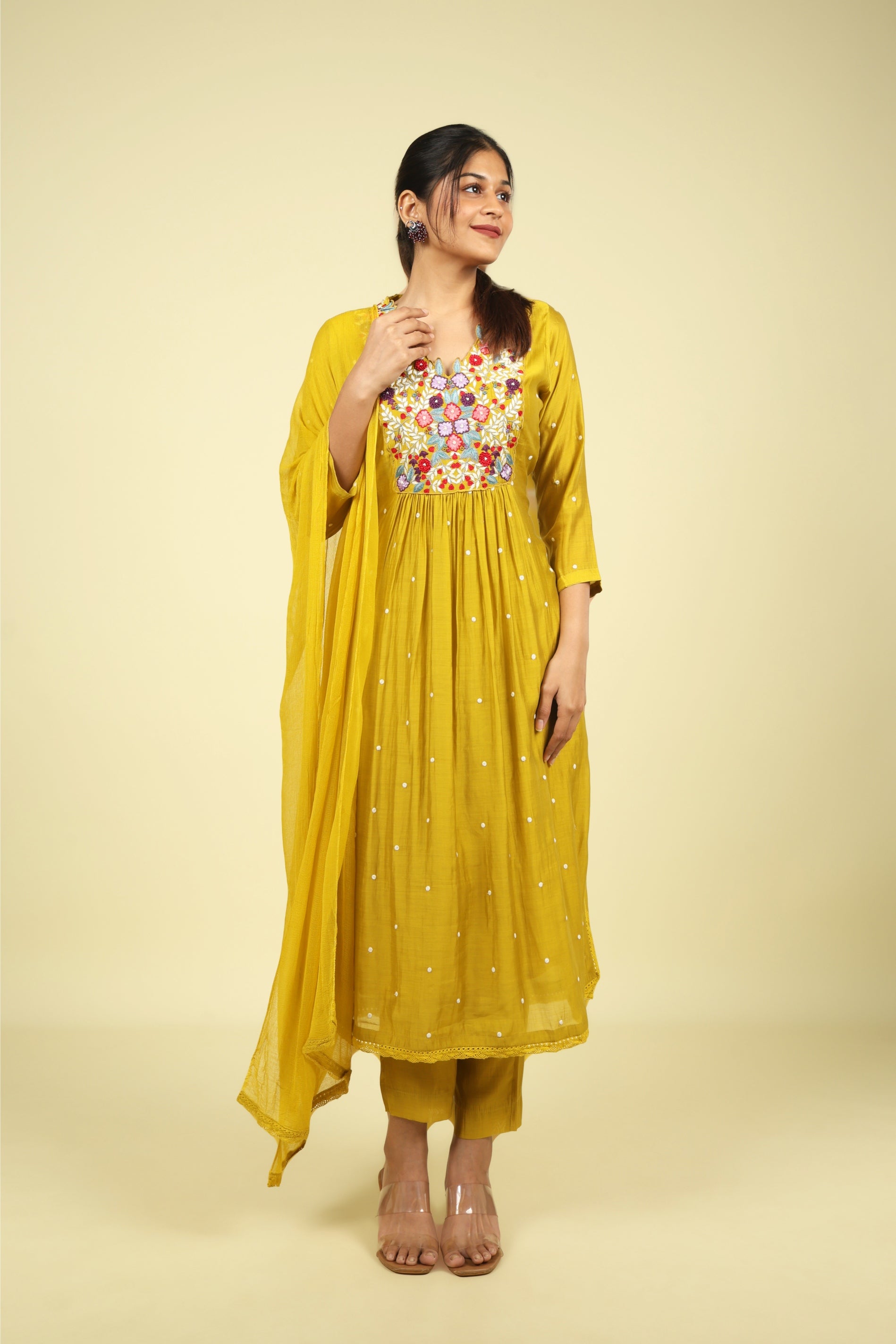 Yellow Mul Chanderi Straight Cut Salwar Set