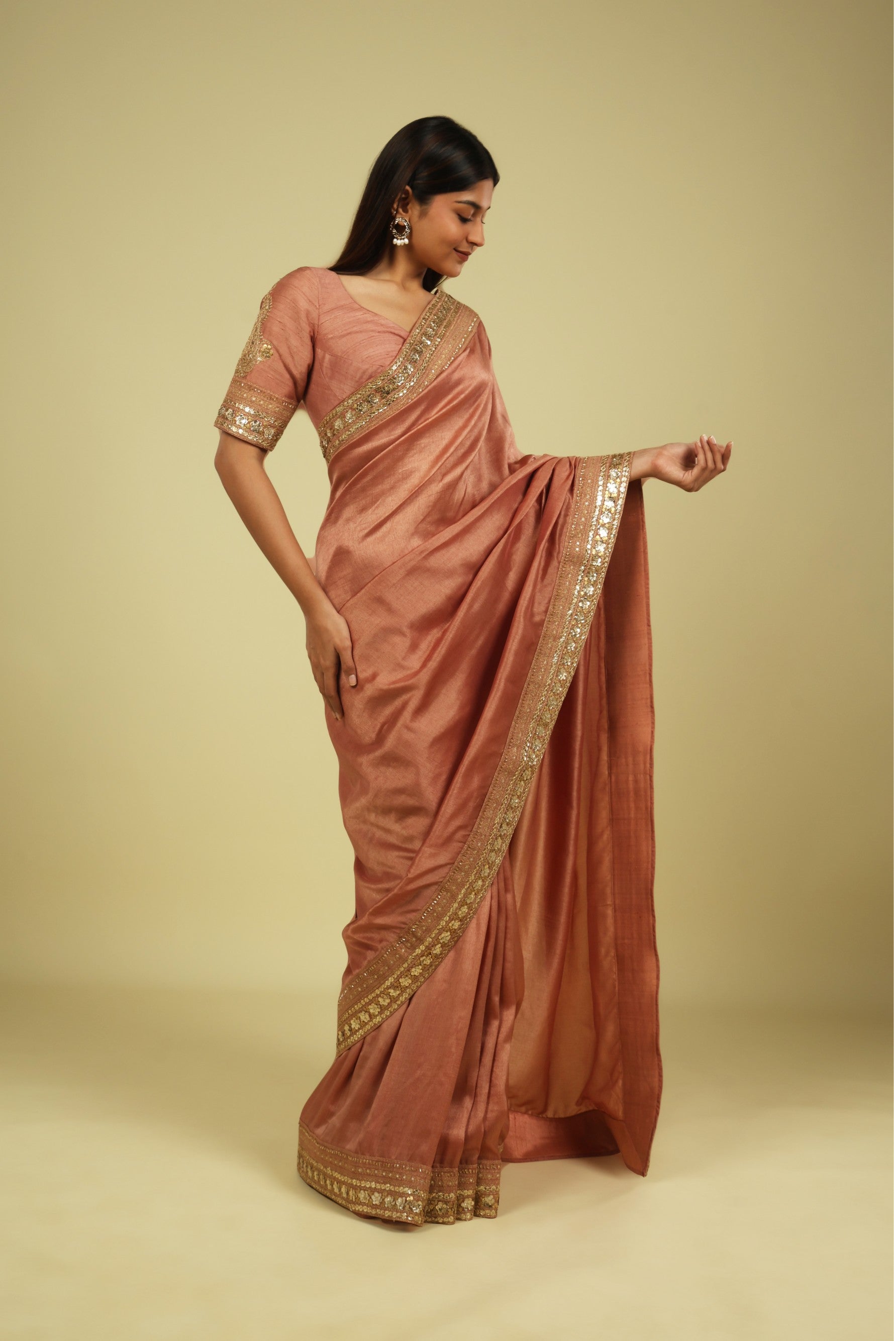 Rust Peach Tussar Georgette Saree with Zari Thread & Sequin Border