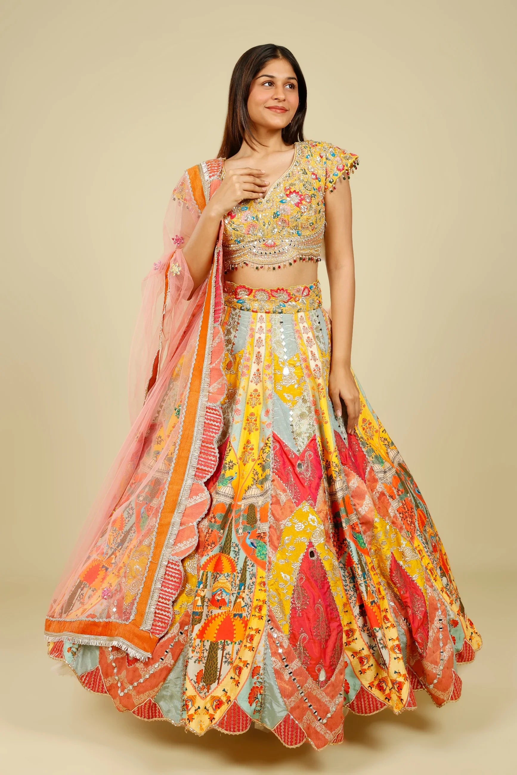Multicolour Printed Silk Patchwork Lehenga Set with Mirror & Zari Embroidery | Mokshaa