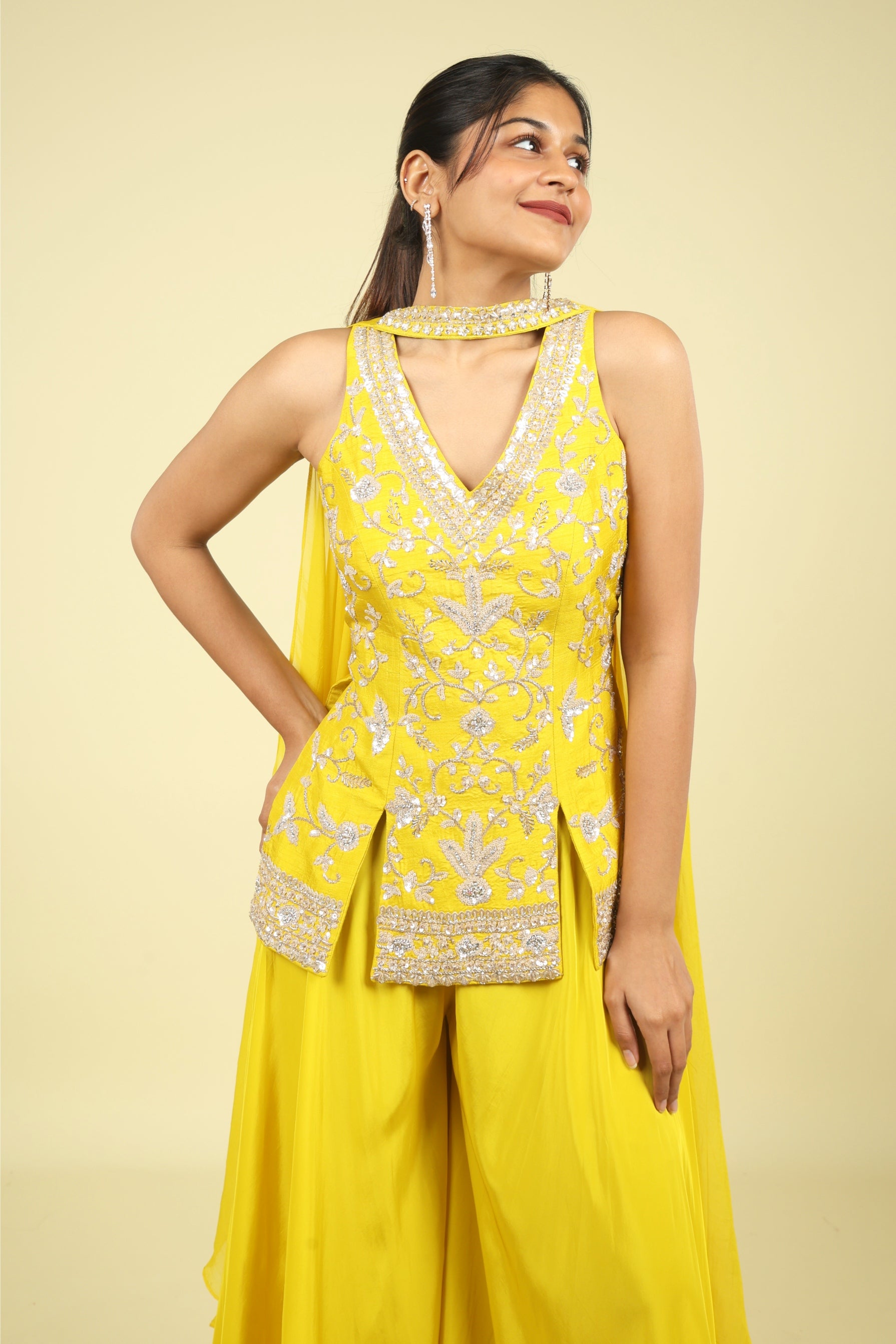 Yellow Silk Embroidered Palazzo Set with Organza Choker Dupatta