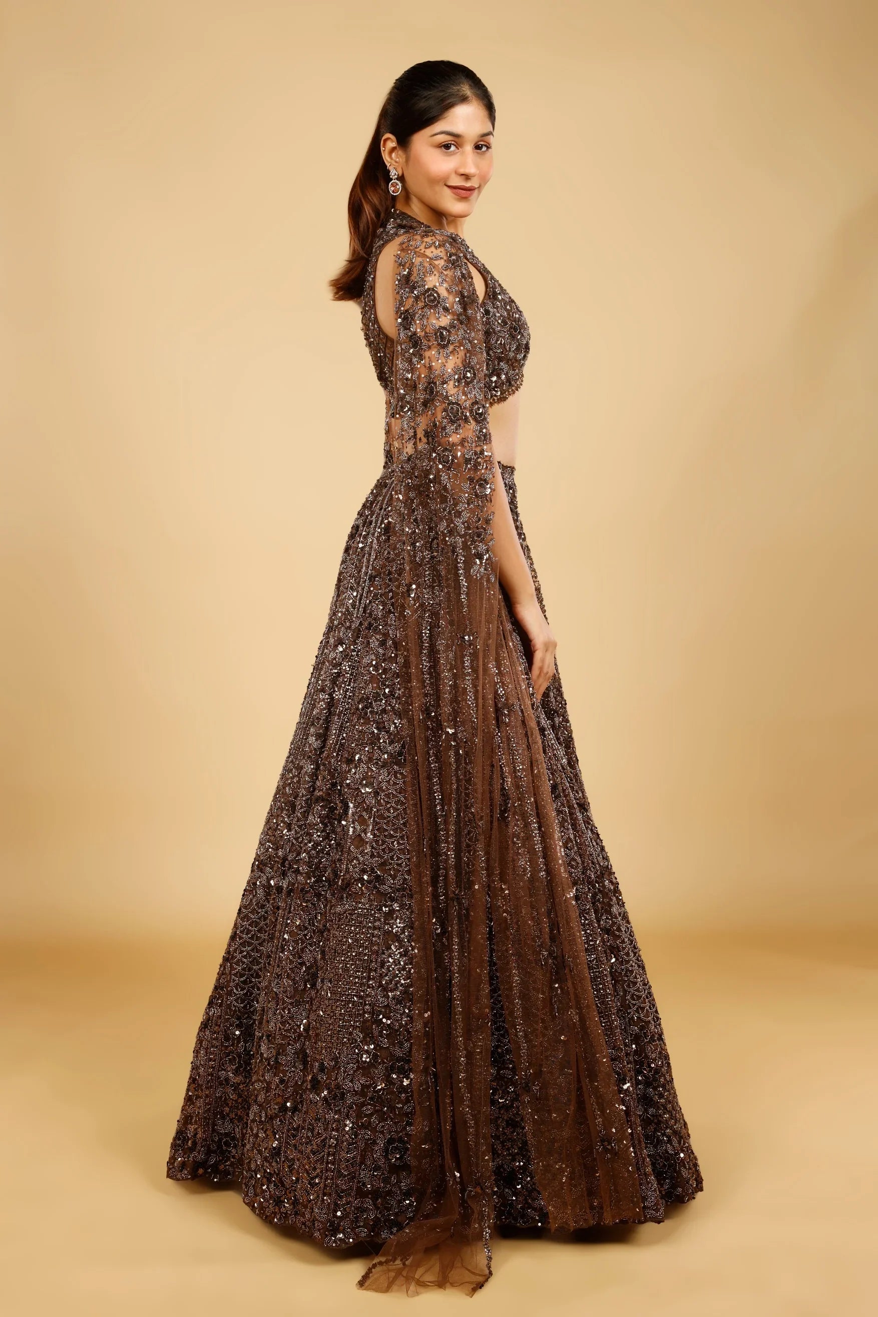Brown Net Lehenga Set with Sequin, Kutdana & Pearl Embroidery