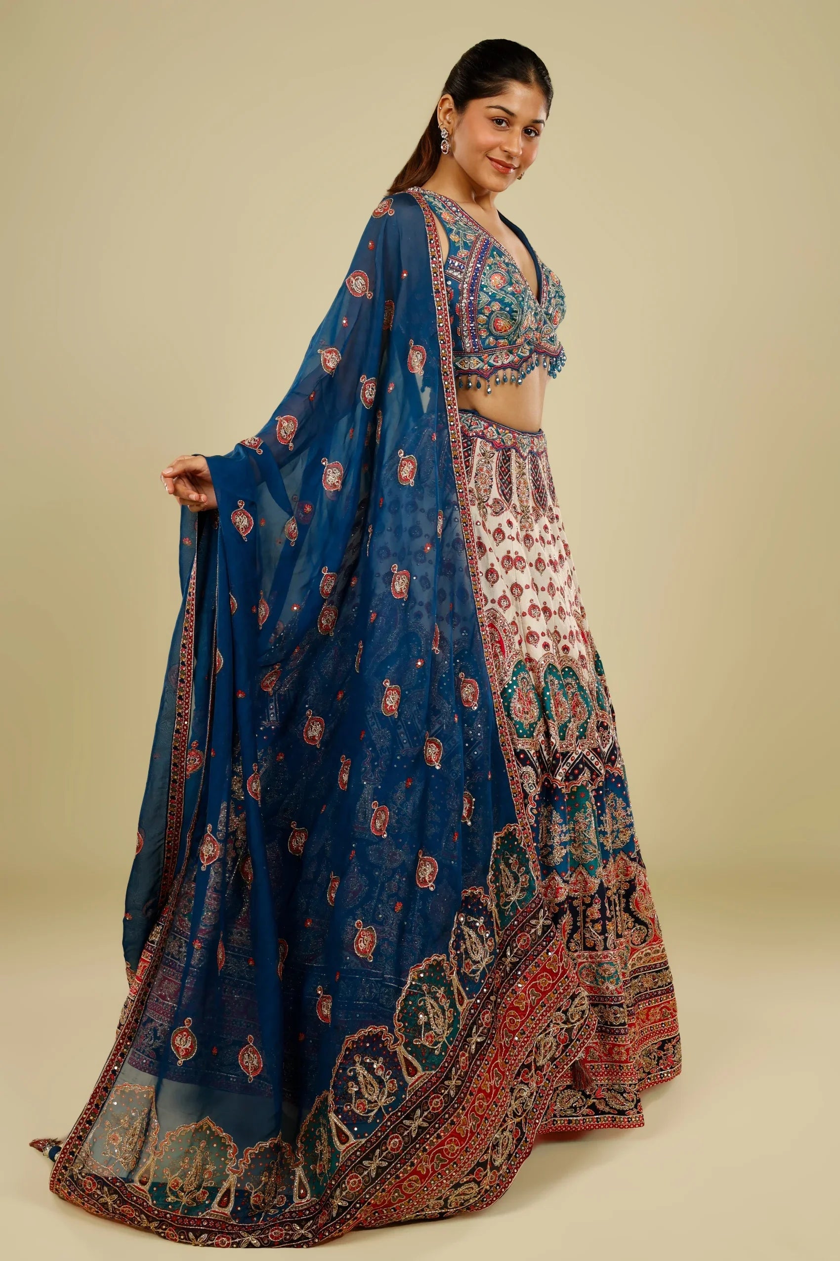 Blue Multicolour Printed Silk Lehenga Set with Zari, Sequin & Cutdana Highlights | Mokshaa
