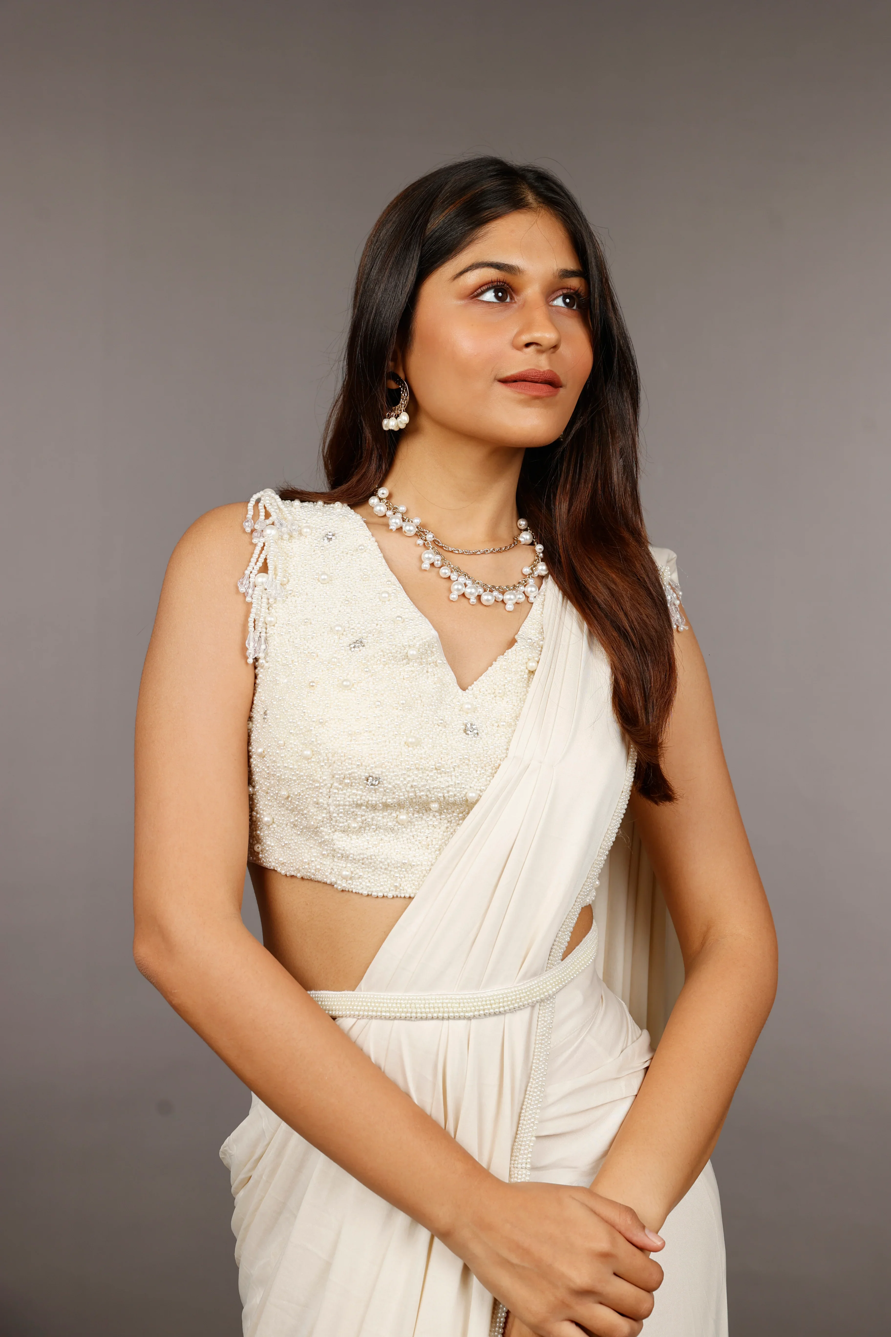 Ivory Lycra Drape Saree with Pearl & Stone Embroidered Blouse - Mokshaa