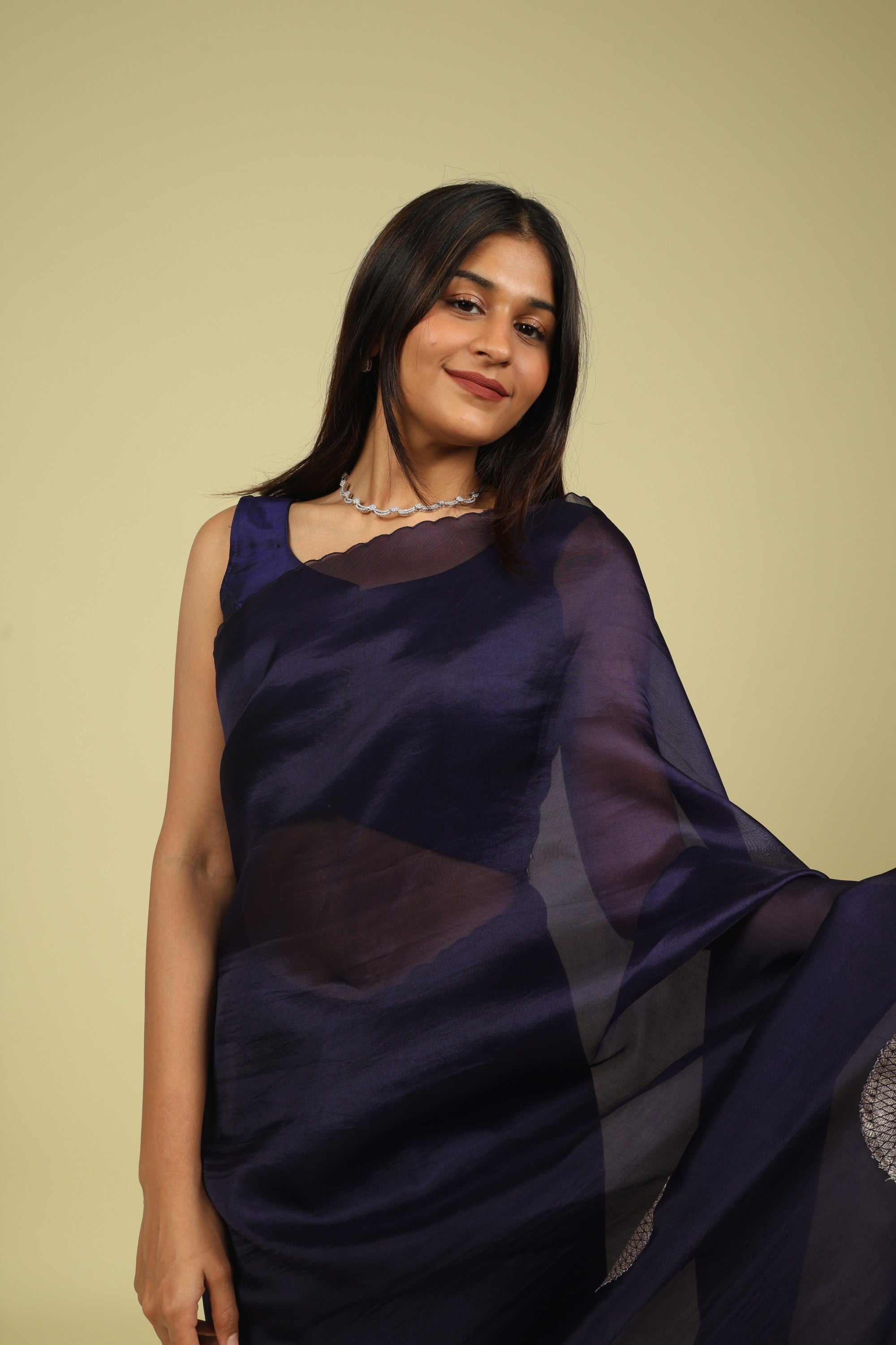 Navy Blue Organza Saree with Zari Appliqué Motifs