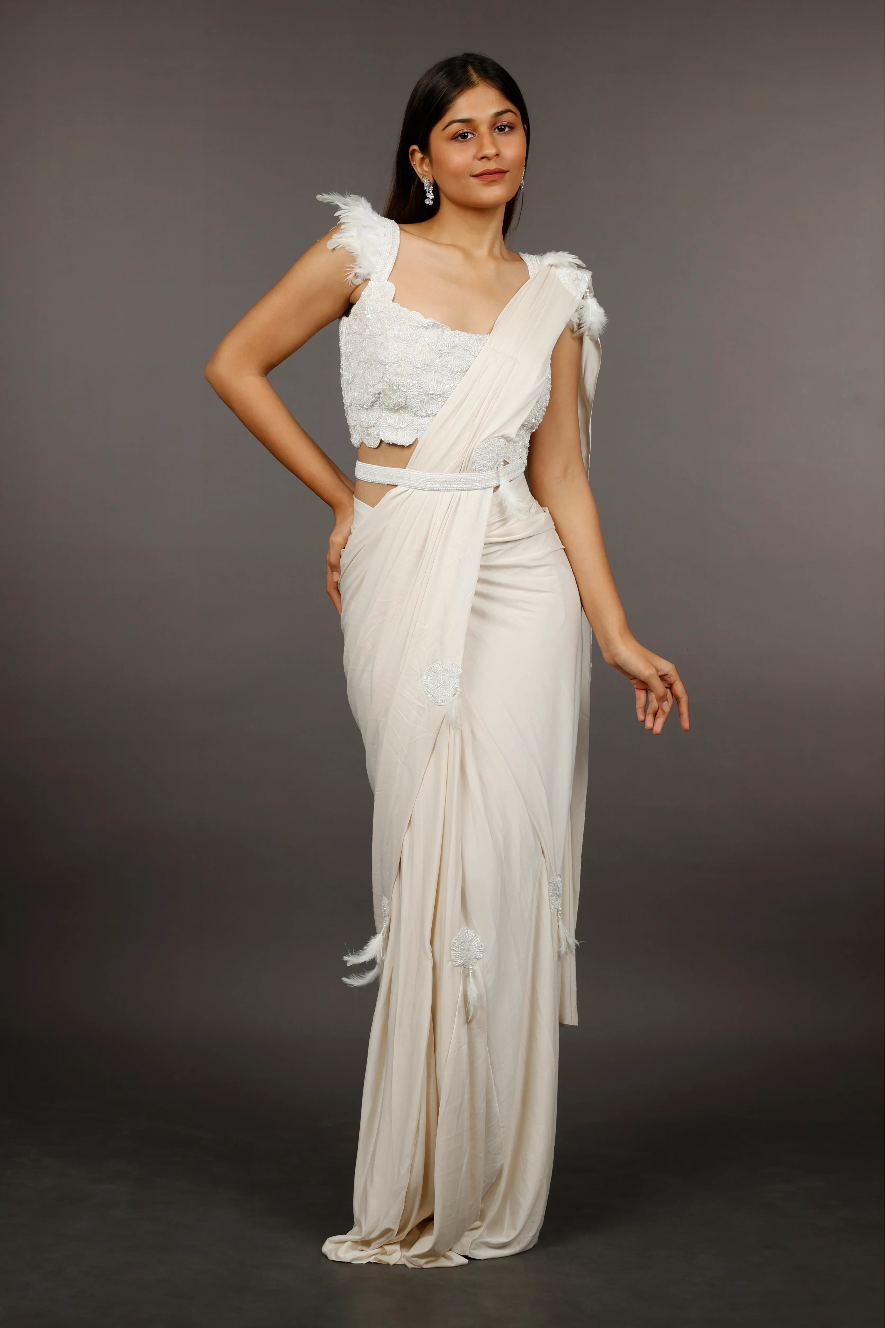 Ivory Lycra Silk Drape Saree with Feather and Pearl Embroidery - Mokshaa