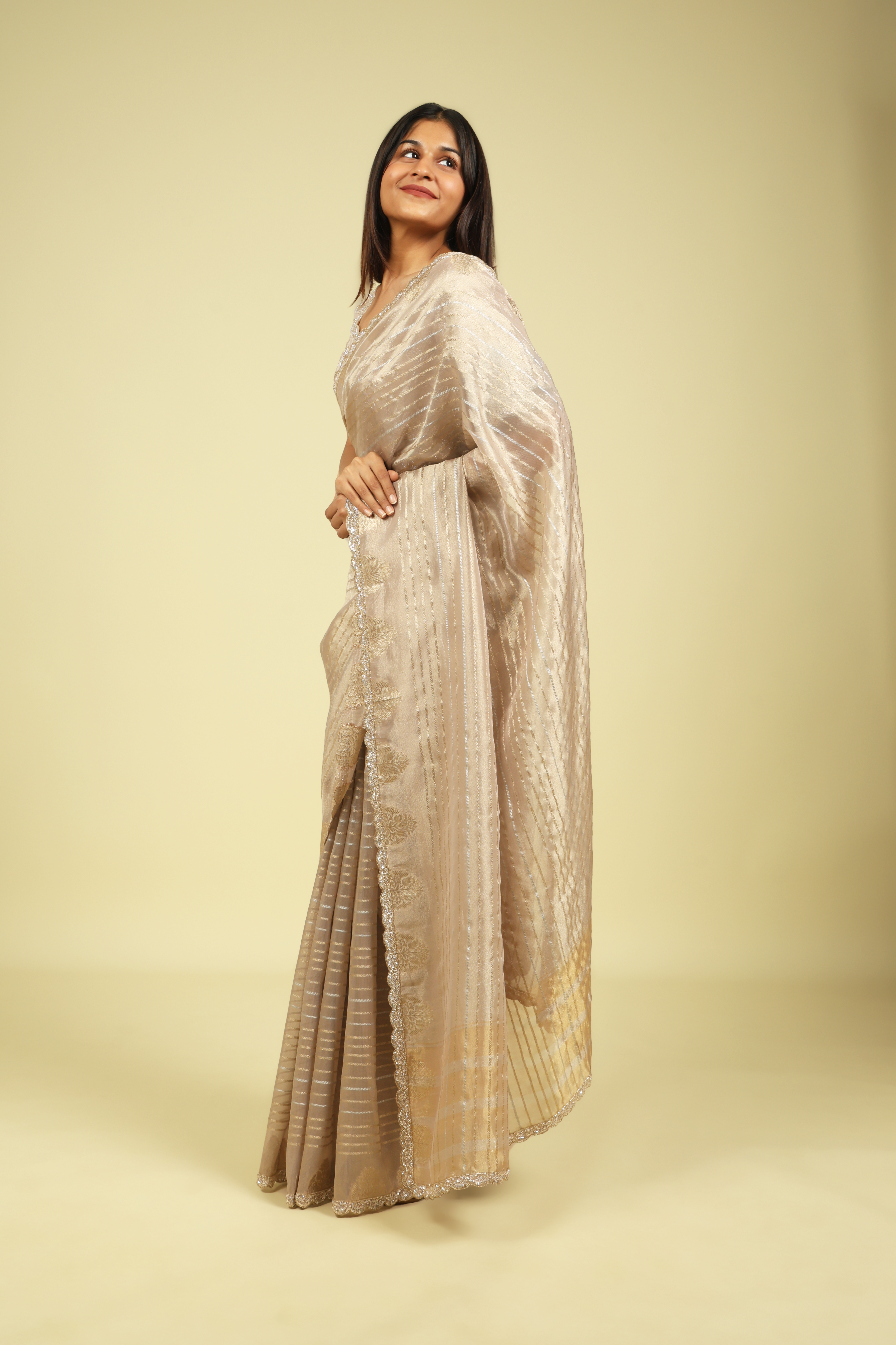 Rose Gold Tissue Saree with Gold & Silver Zari Stripes and Bead-Sequin Border