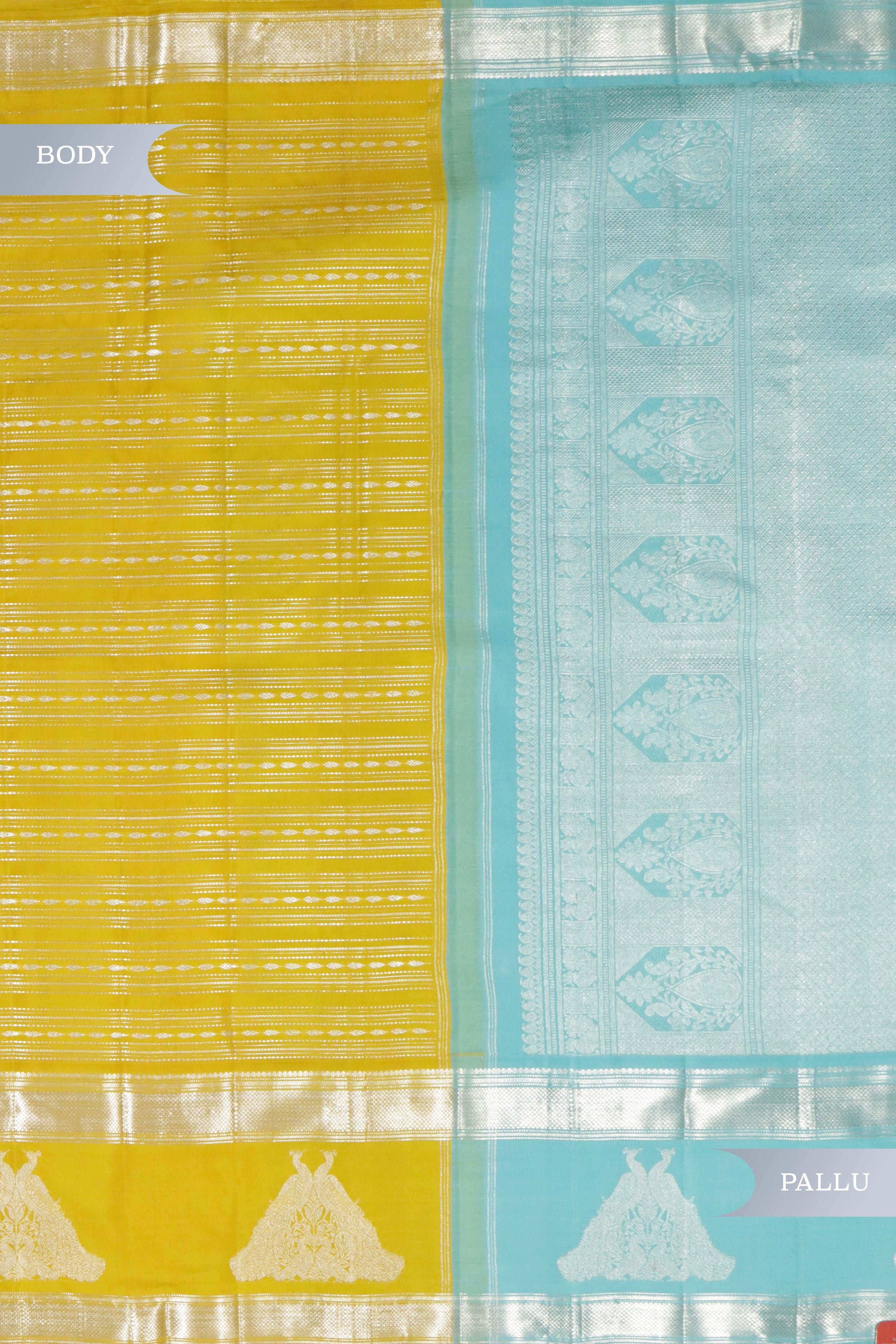 Yellow Kanchipuram Silk Saree with Silver Zari Horizontal Weaving Lines and Fancy Border - Mokshaa