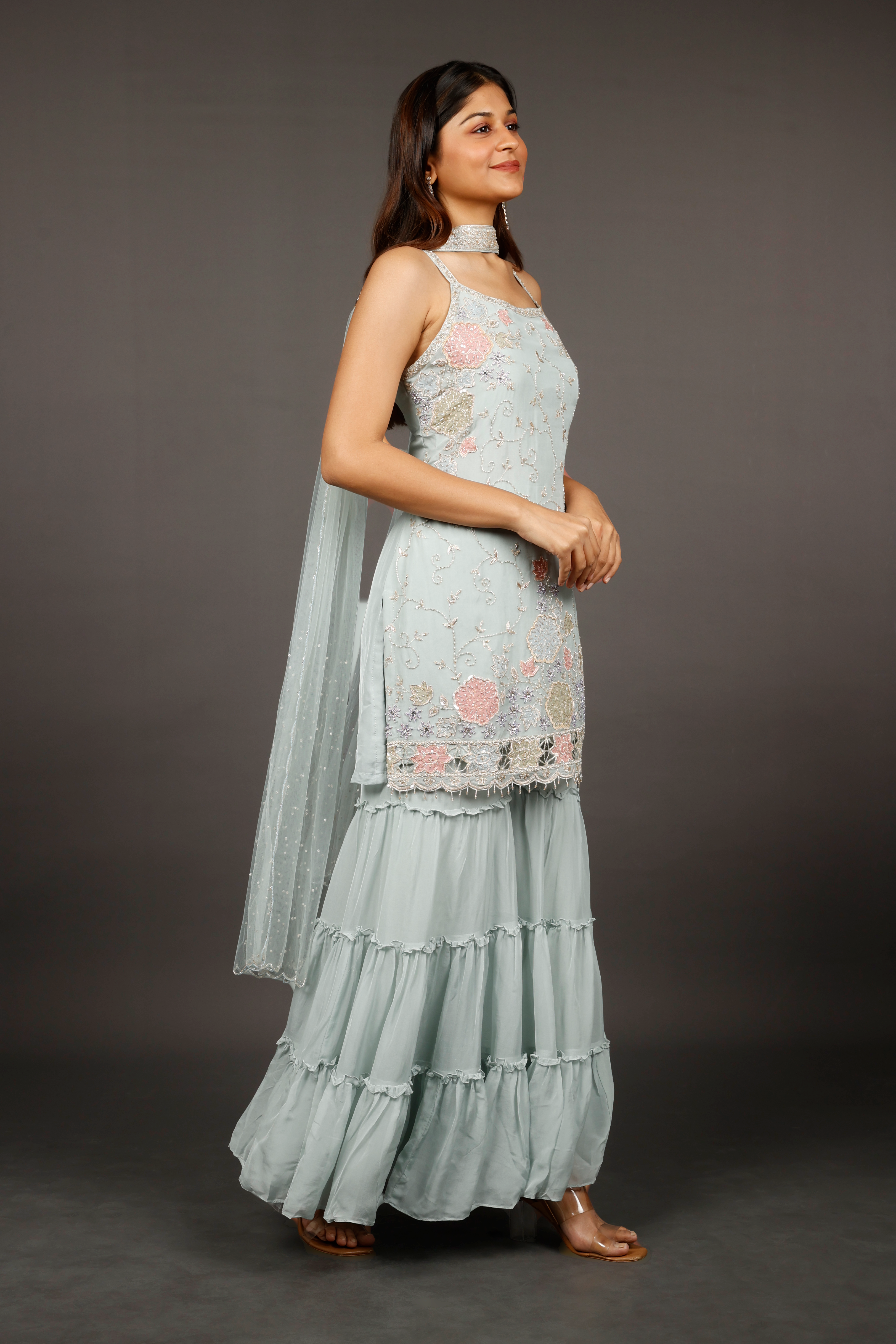 Light Blue Georgette Sharara Set with Shadow, Zari, Pearl, Cutdana & Sequin Embroidery