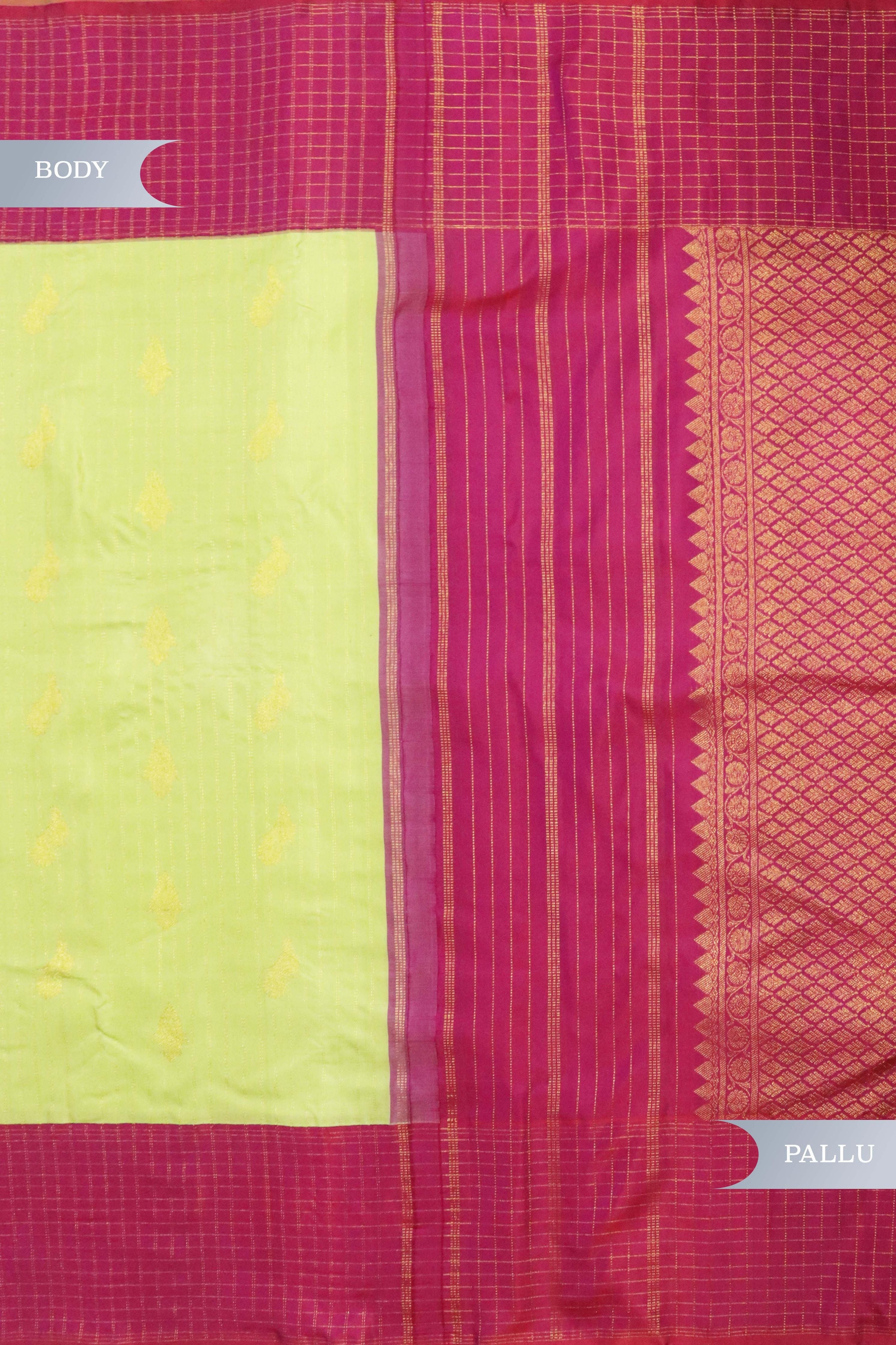 Green with Pink Kanchipuram Silk Saree with Zari Vertical Lines, Motifs & Contrast Zari Checks Border - Mokshaa