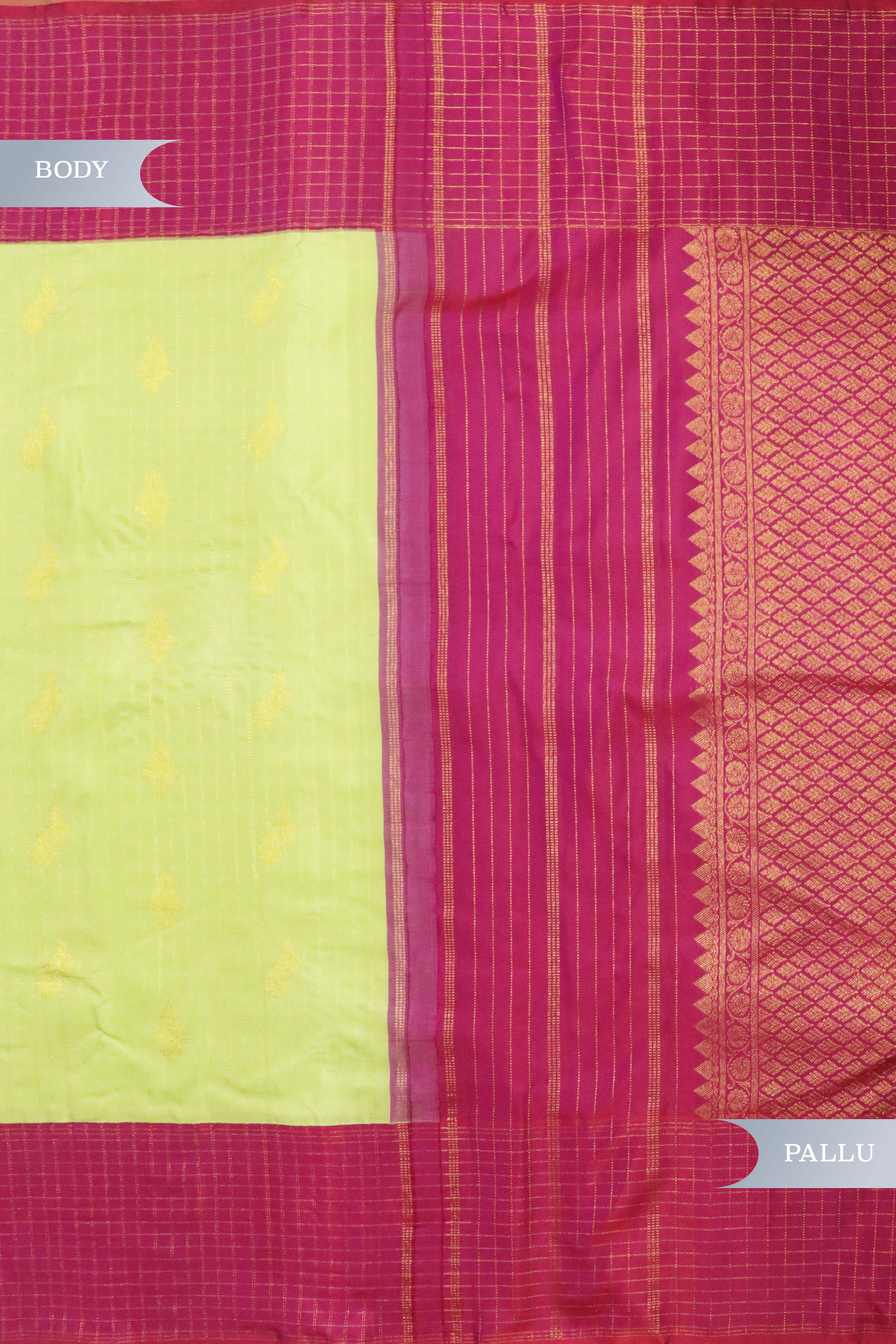 Green with Pink Kanchipuram Silk Saree with Zari Vertical Lines, Motifs & Contrast Zari Checks Border
