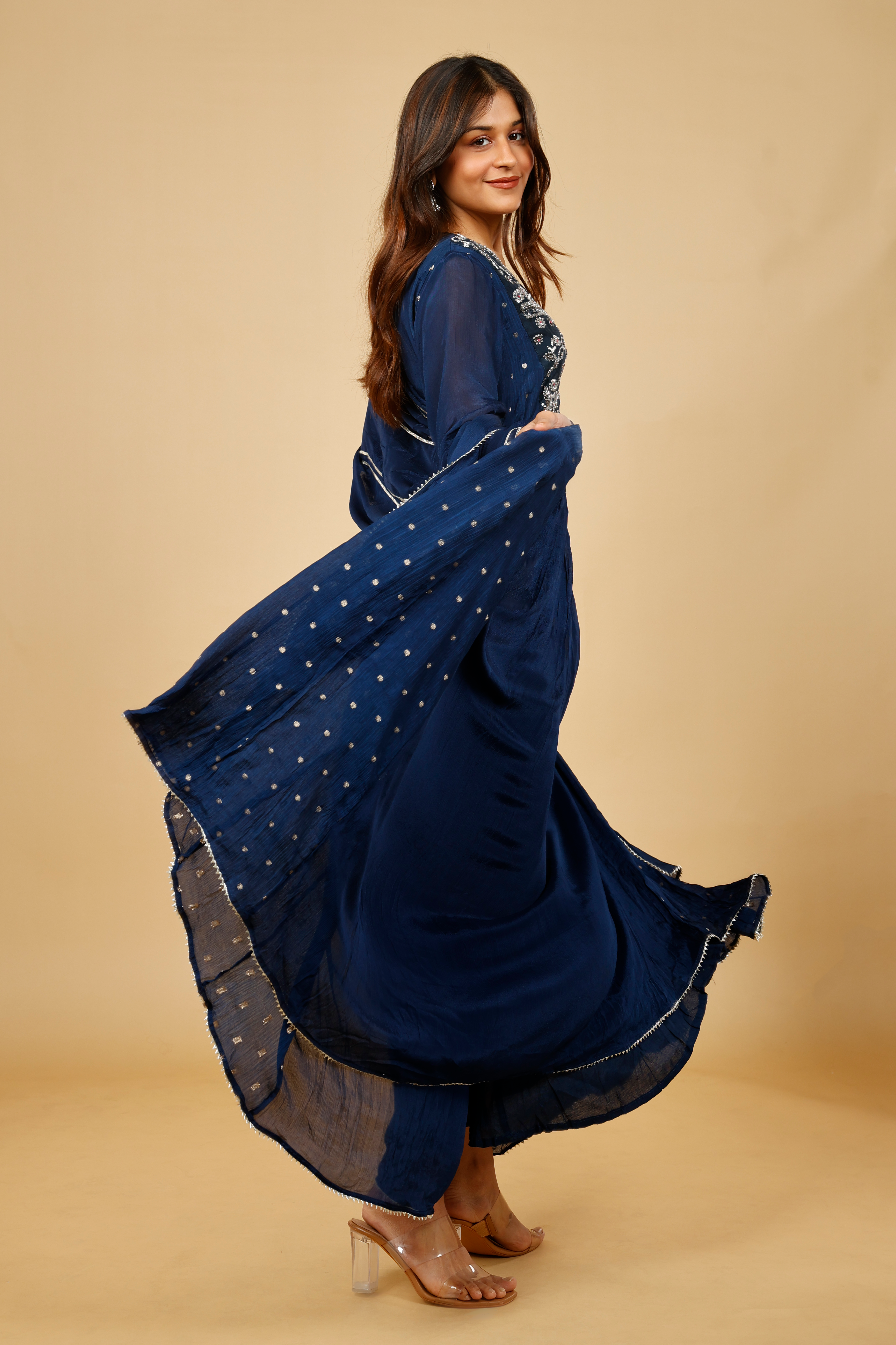 Midnight Blue Silk Anarkali Set with Gota & Kutdana Embroidery