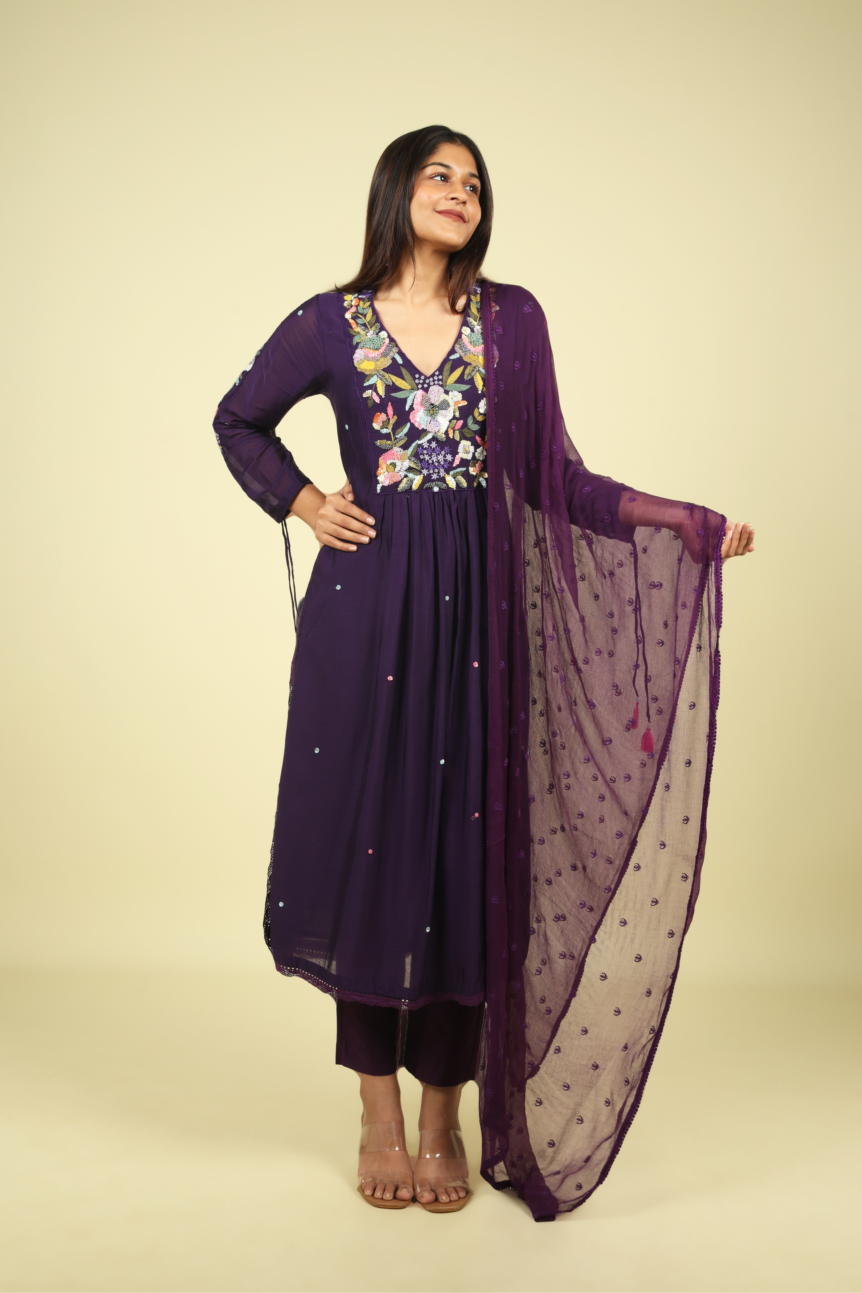 Purple Embroidered Mul Chanderi Salwar Set - Mokshaa