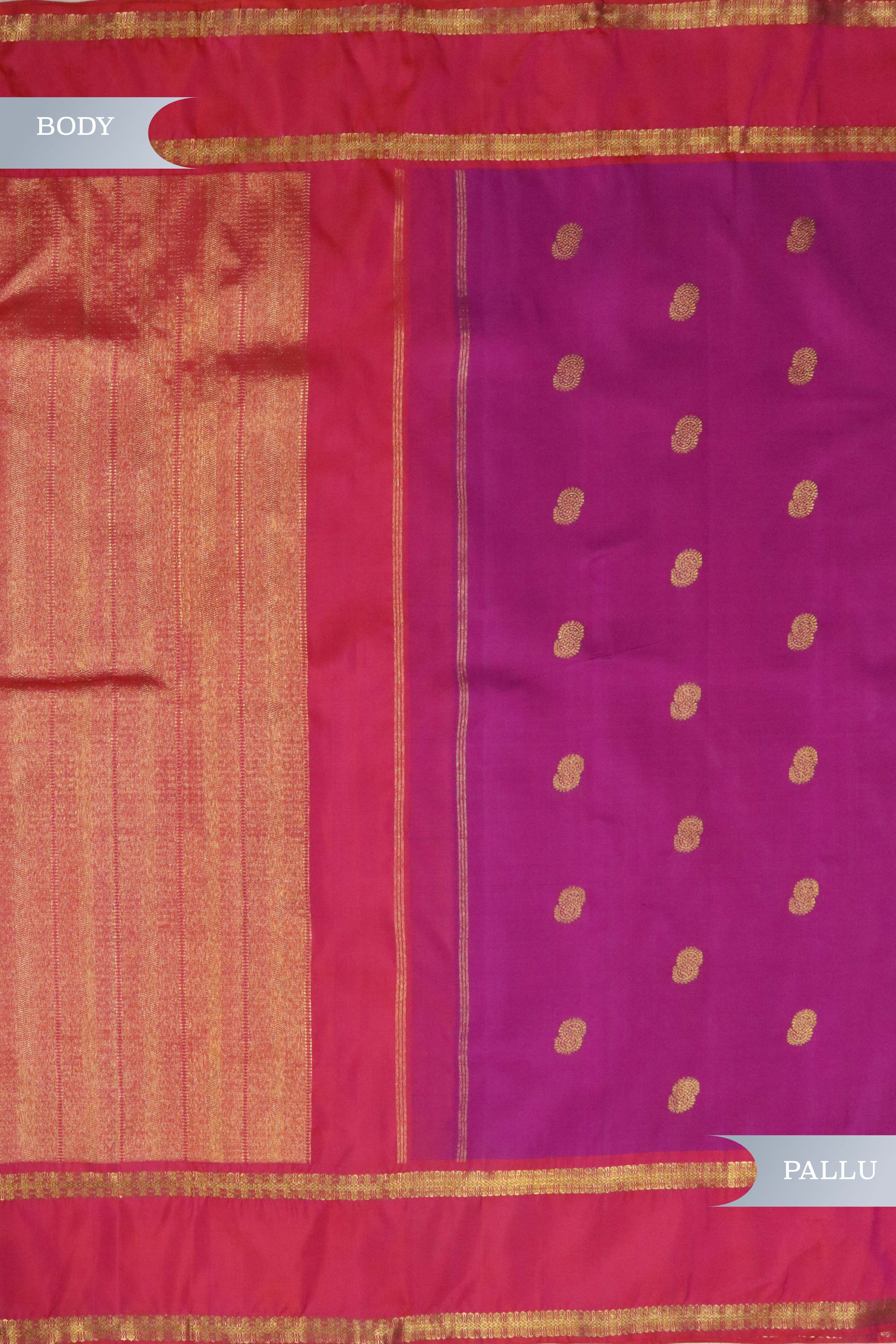 Magenta Kanchipuram Silk Saree with Gold Zari Motifs and Contrast Border