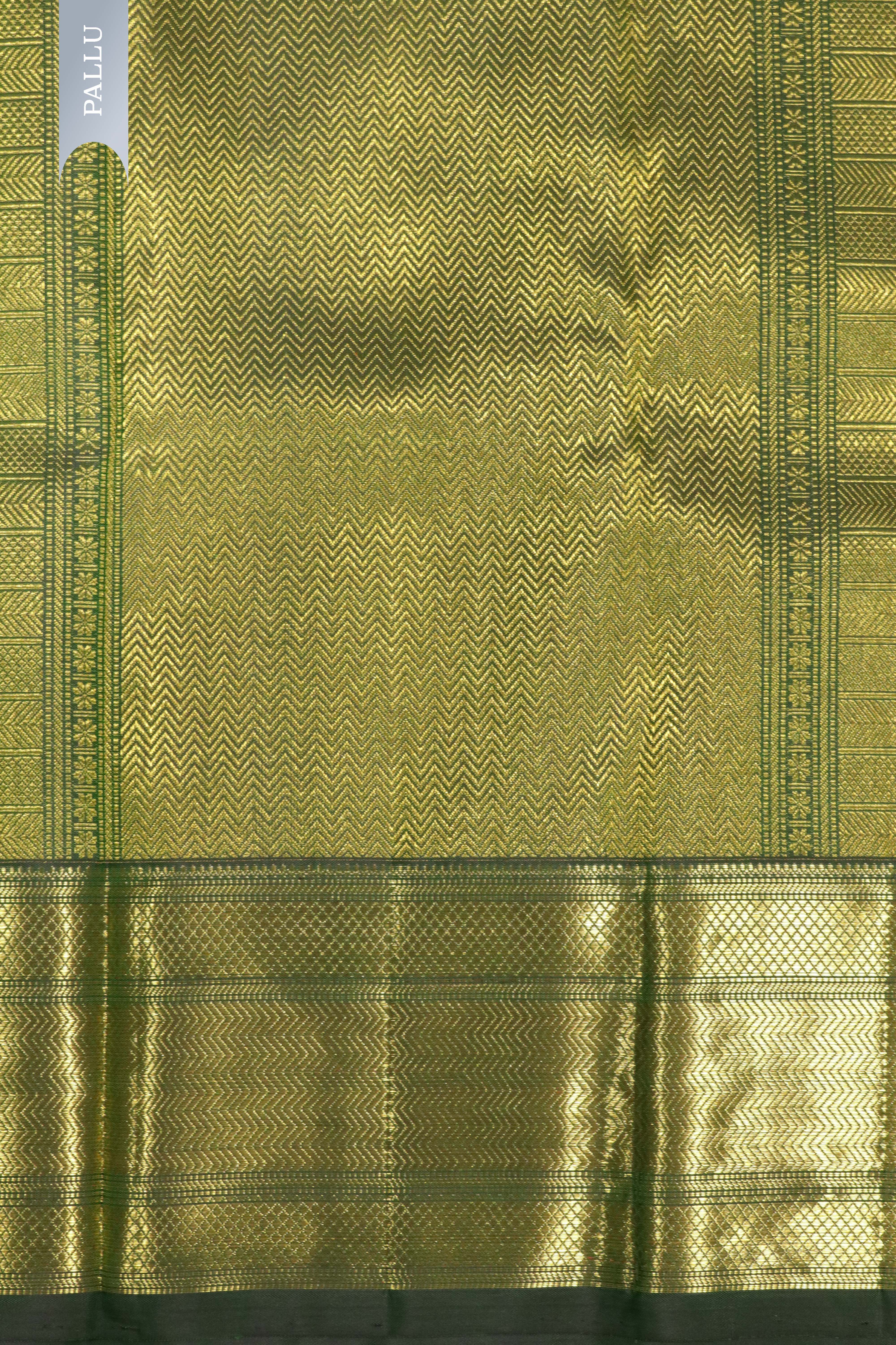 Bottle Green Kanchipuram Silk Saree with Thread Meenakari Motifs and Long Zari Border