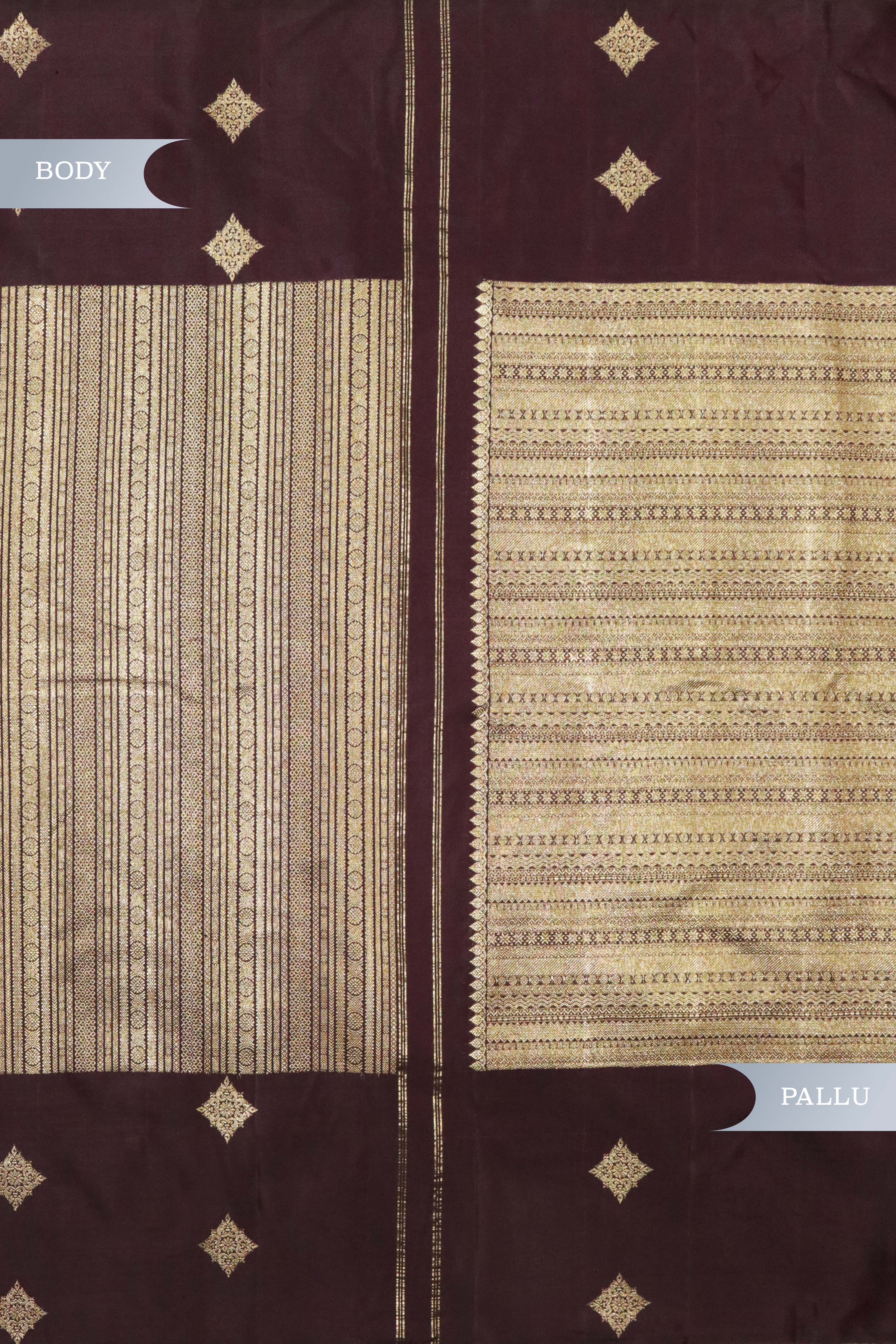 Brown Kanchipuram Silk Saree with Gold Geometrical Lines and Zari Motif Border