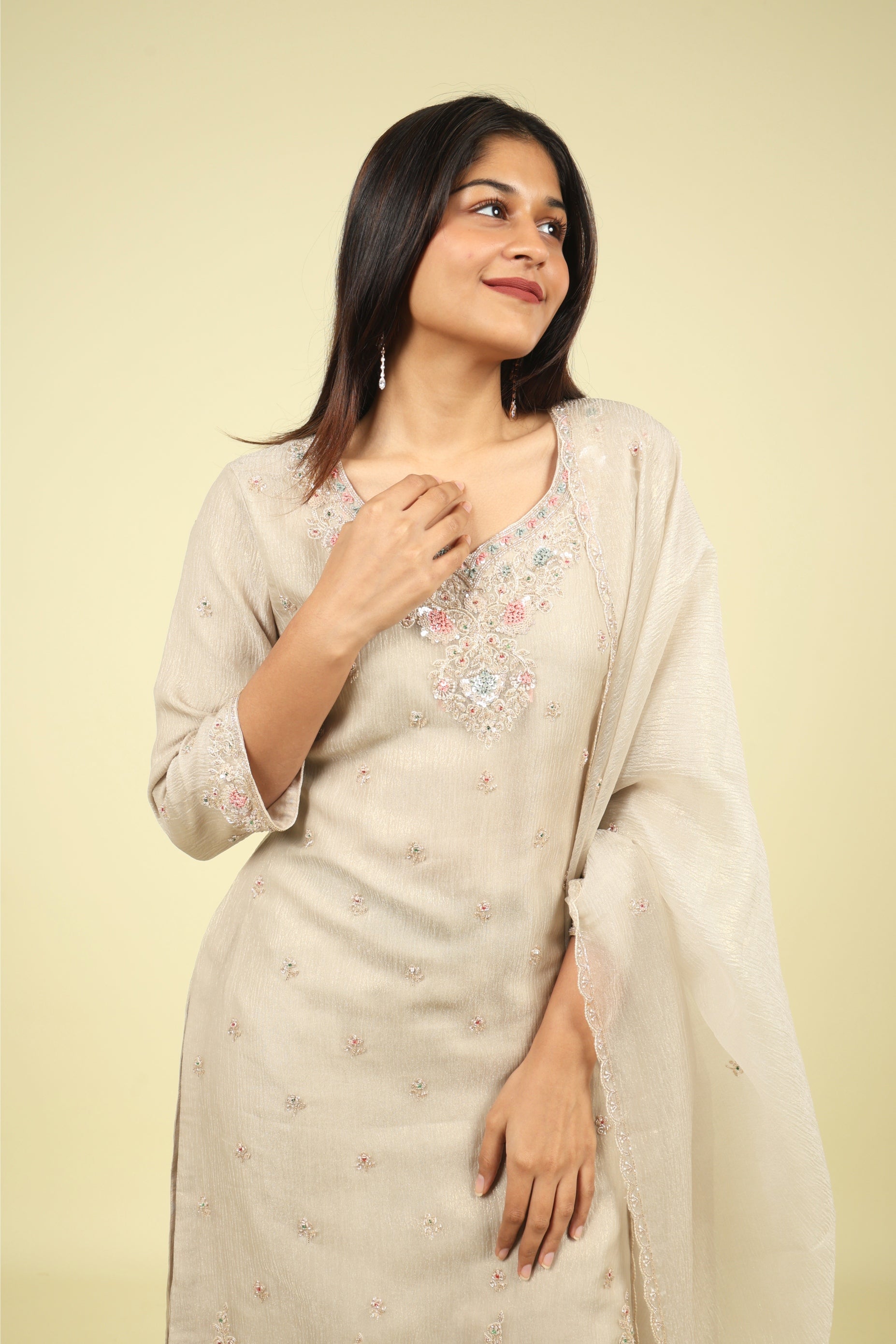 Beige Embroidered Crush Tissue Sharara Set