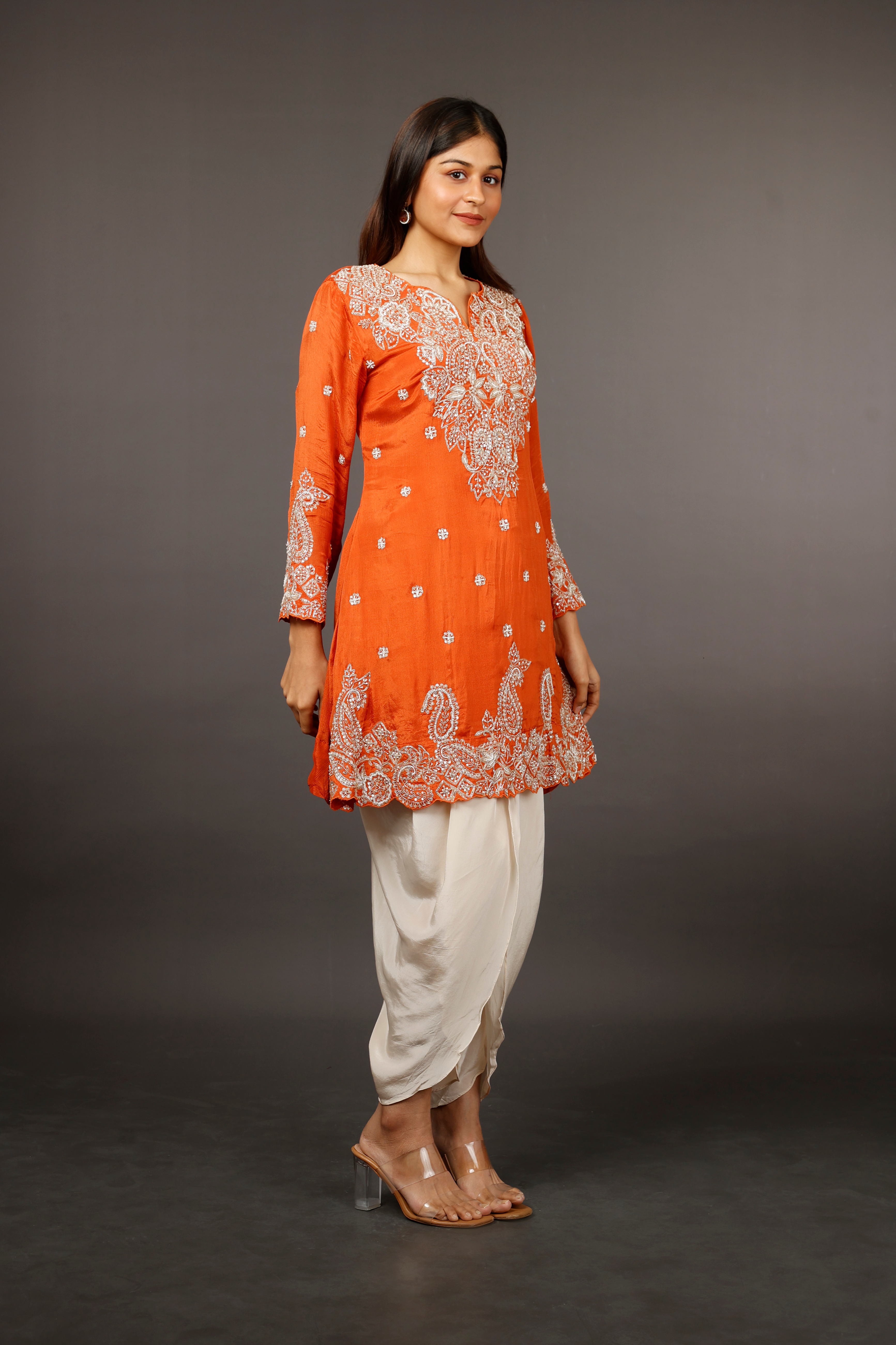 Rust Chinon Silk Indo-Western Kurta with Cream Dhoti Pants