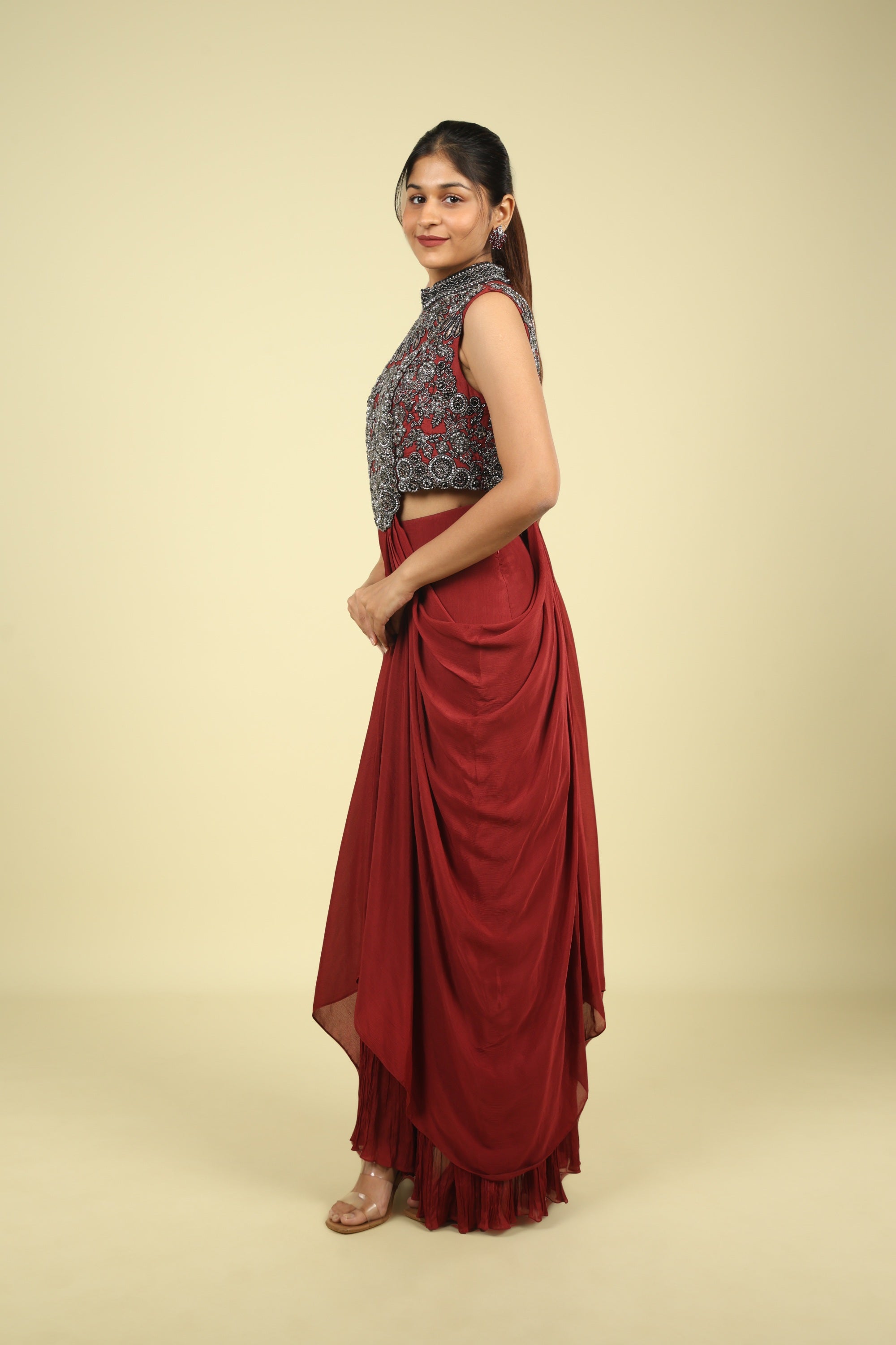 Maroon Draped Indo-Western Silk Set with Metallic & Thread Embroidery