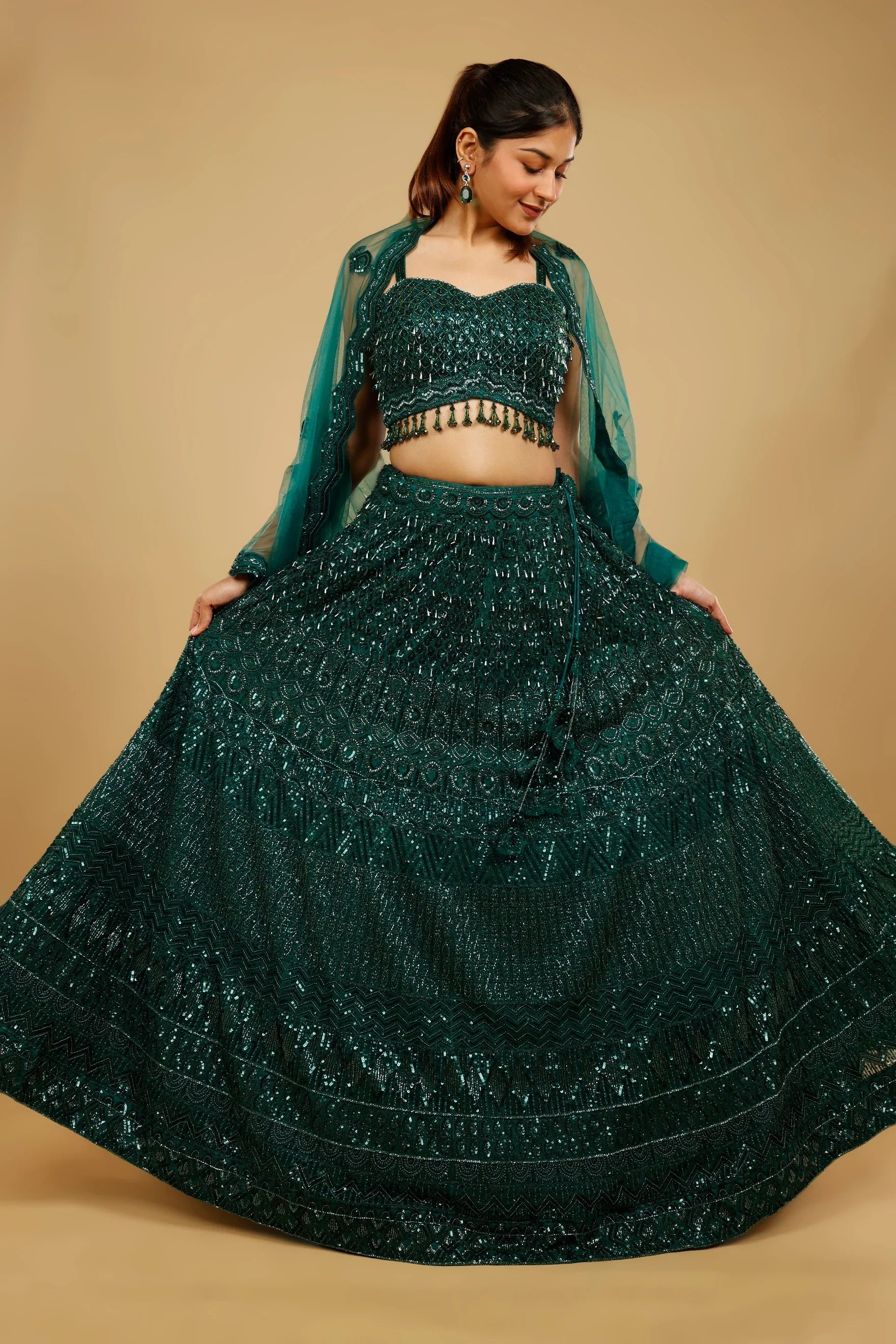 Bottle Green Net Lehenga Set with Sequin, Cutdana & Pearl Embroidery