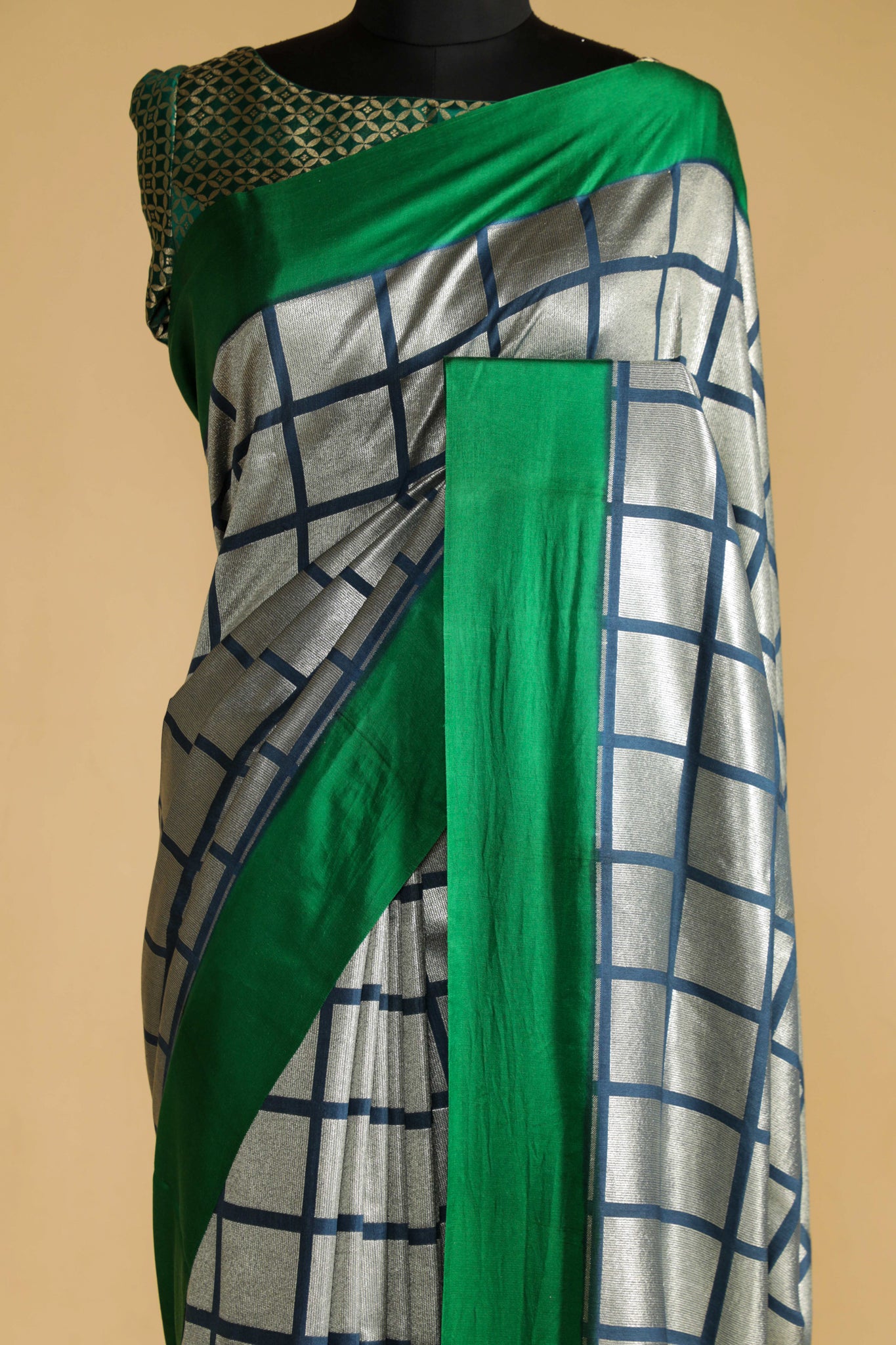 Ash Blue Handloom Silk Saree with Silver Zari Geometric Weaving