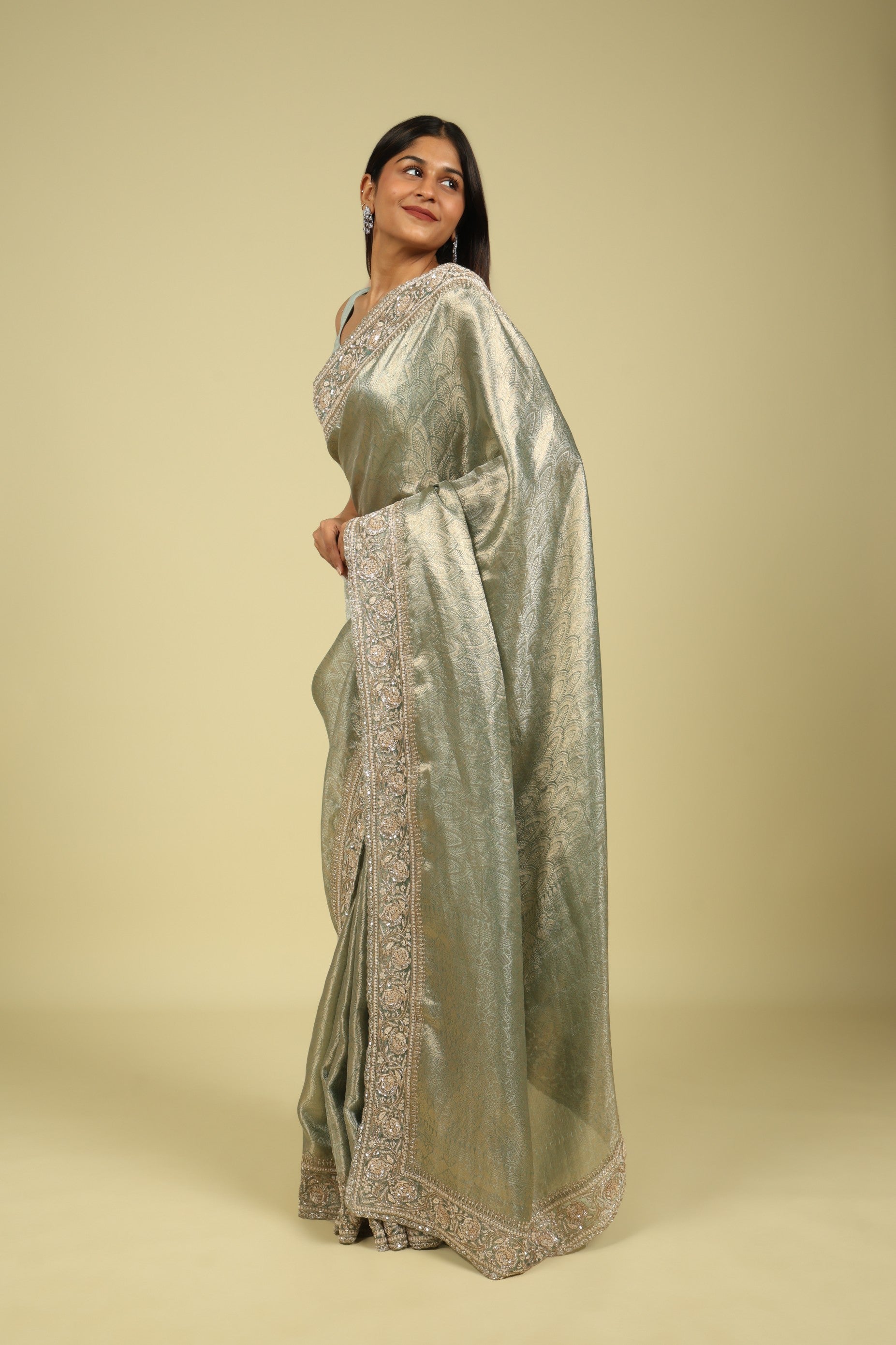 Sea Blue Banaras Tissue Saree with Pearl, Bead & Sequin Embroidered Border