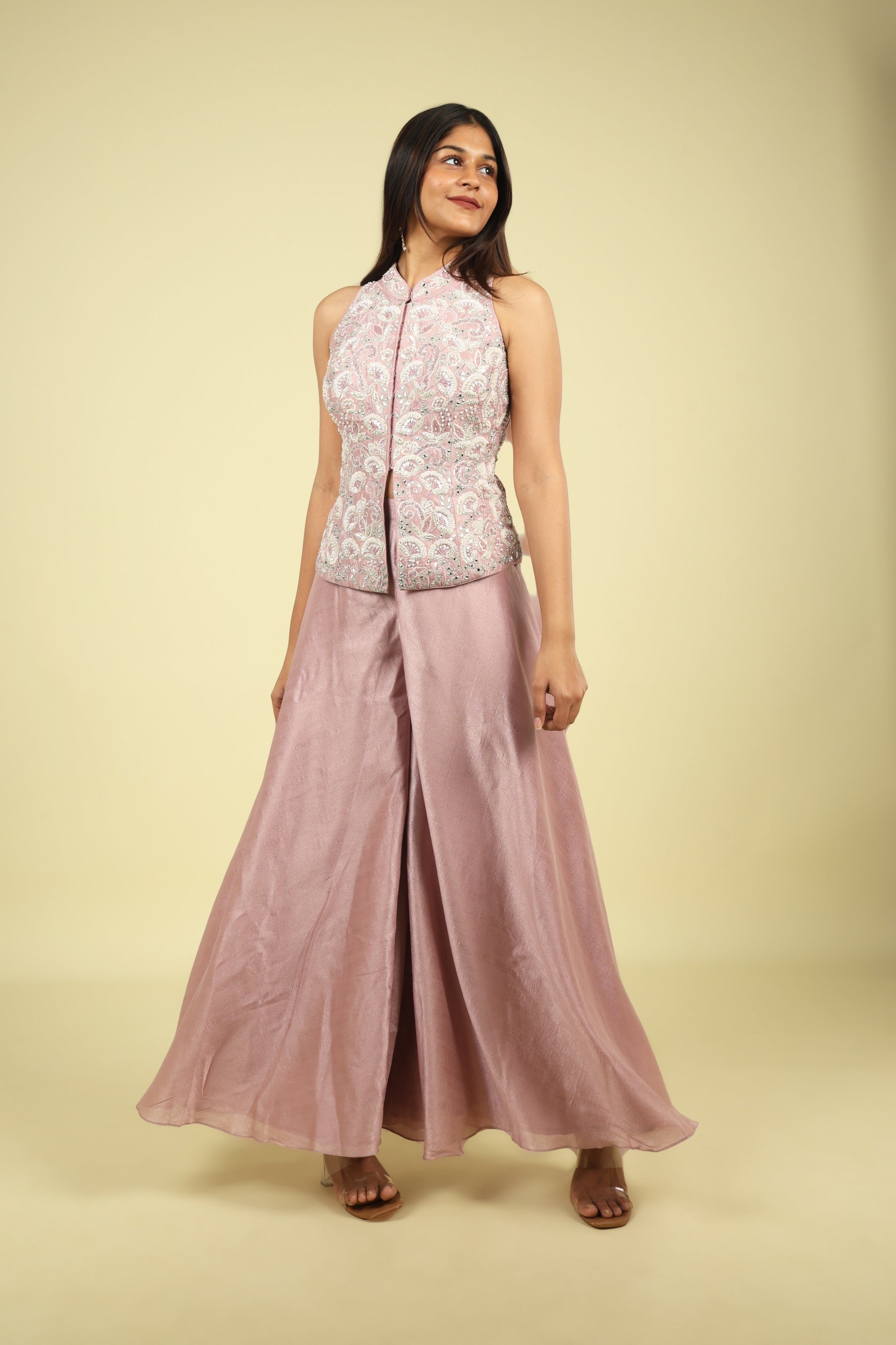 Pink Embroidered Silk Top With Palazzo