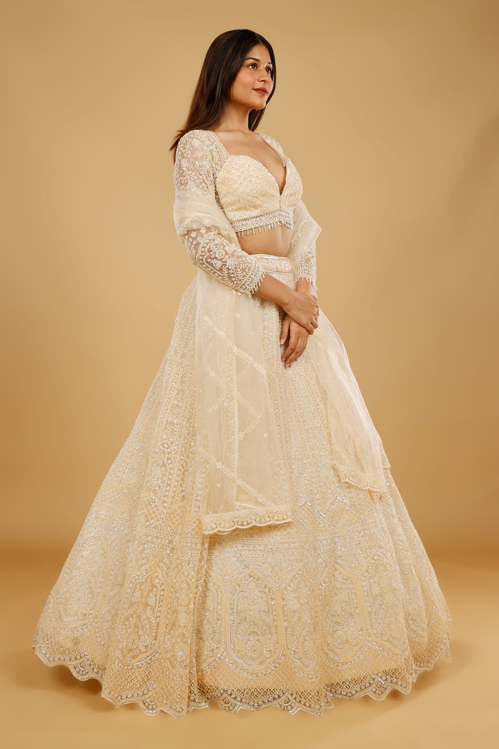 Ivory Gold Net Lehenga Set with Sequin, Cutdana & Pearl Embroidery