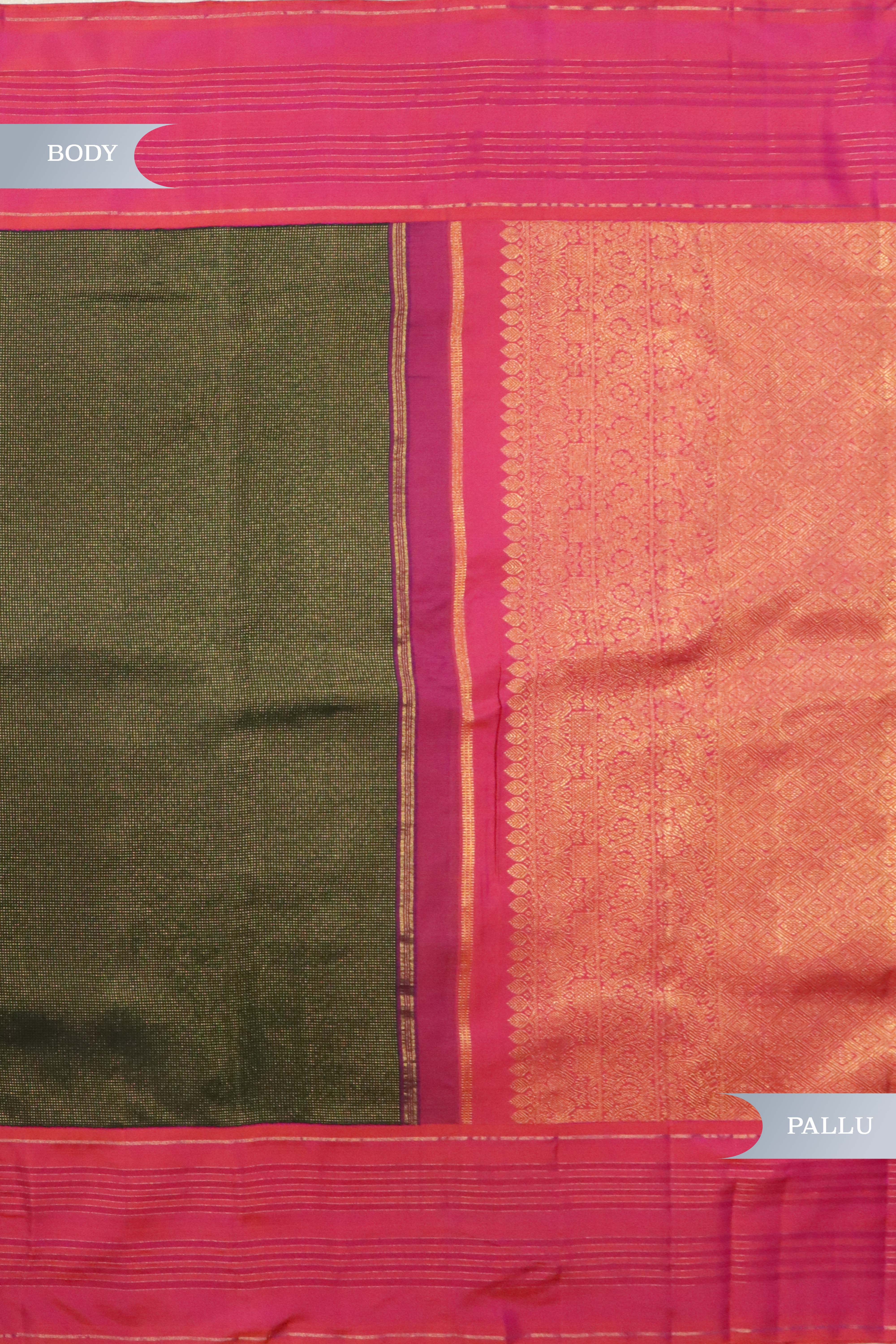 Bottle Green Kanchipuram Silk Saree with Self Zari Chattai Weaving and Contrast Pink Border