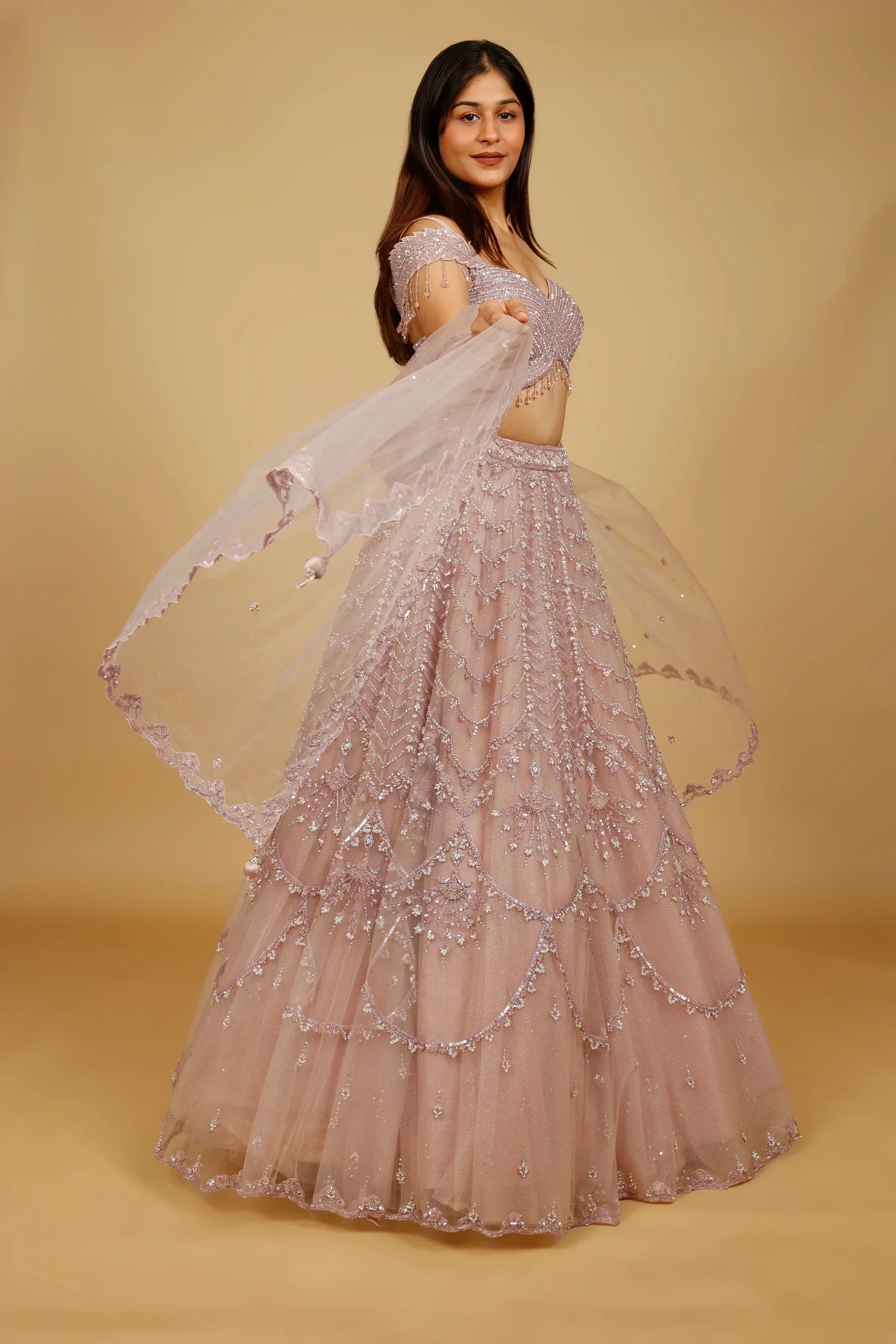 Mauve Net Lehenga Set with Sequin, Pearl & Cutdana Embroidery