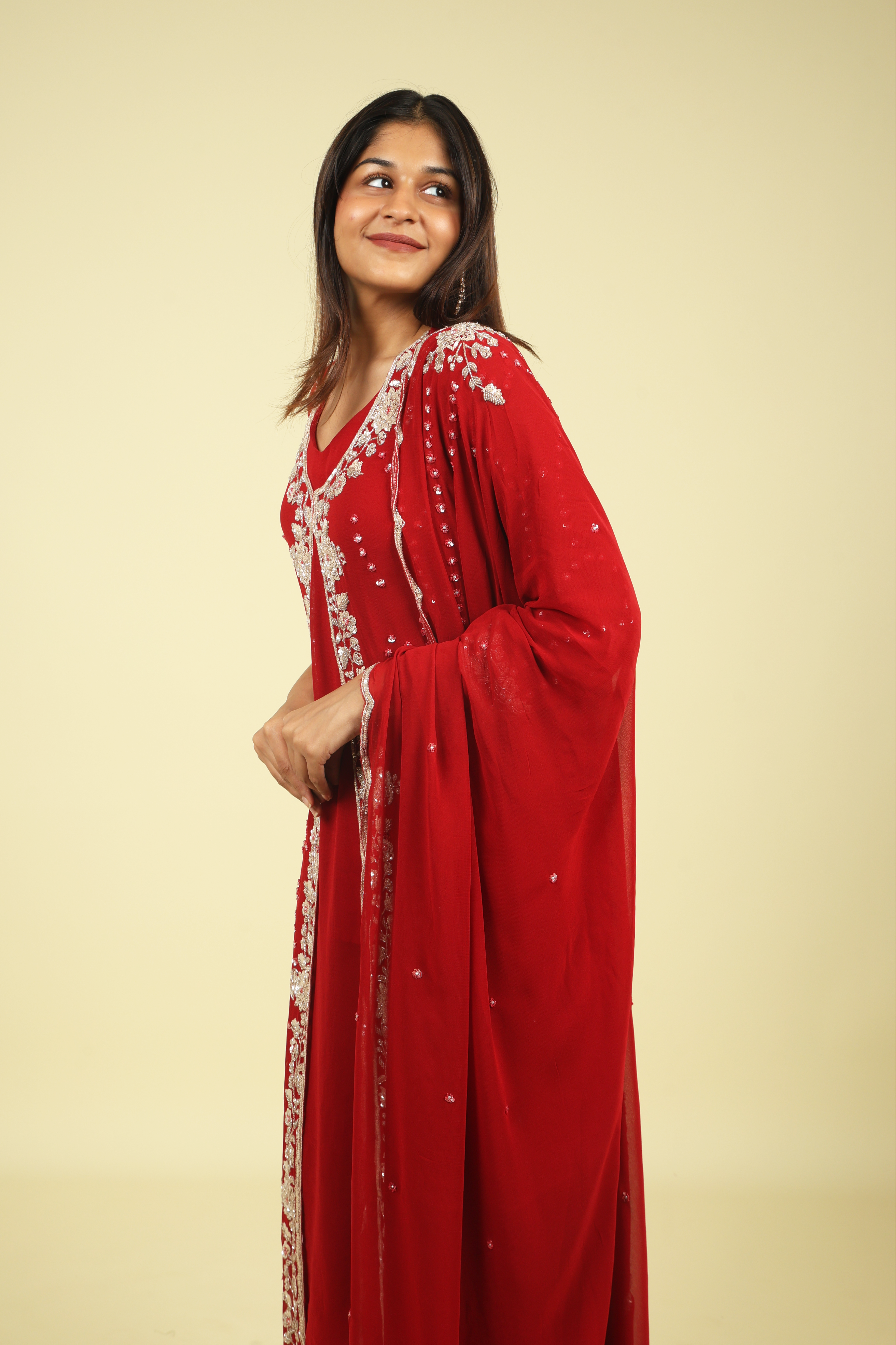 Red Georgette Anarkali Cape Set with Sequin, Cutdana & Pearl Embroidery - Mokshaa
