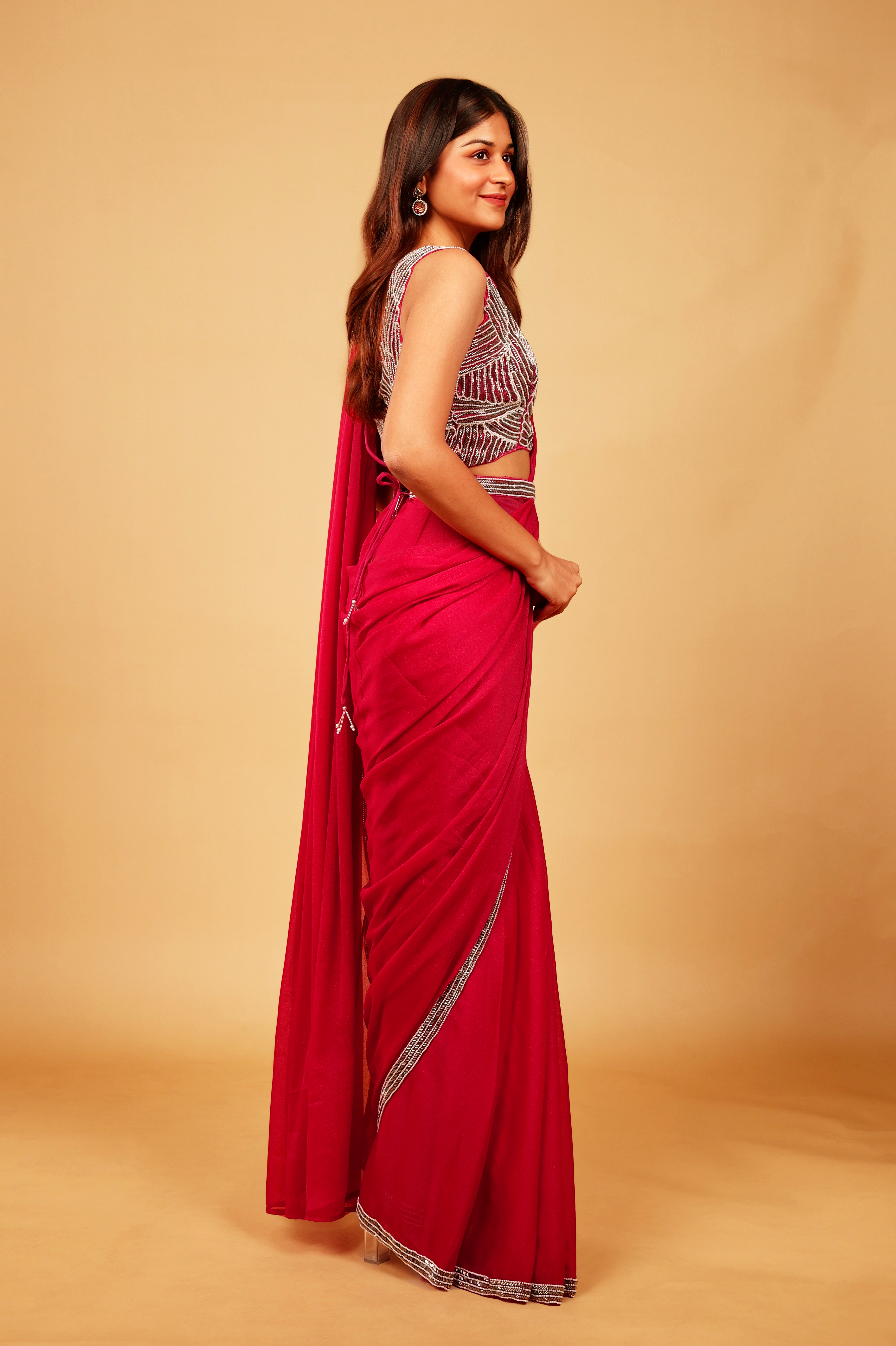 Pink Shimmer Drape Saree with Pearl & Cutdana Embroidery