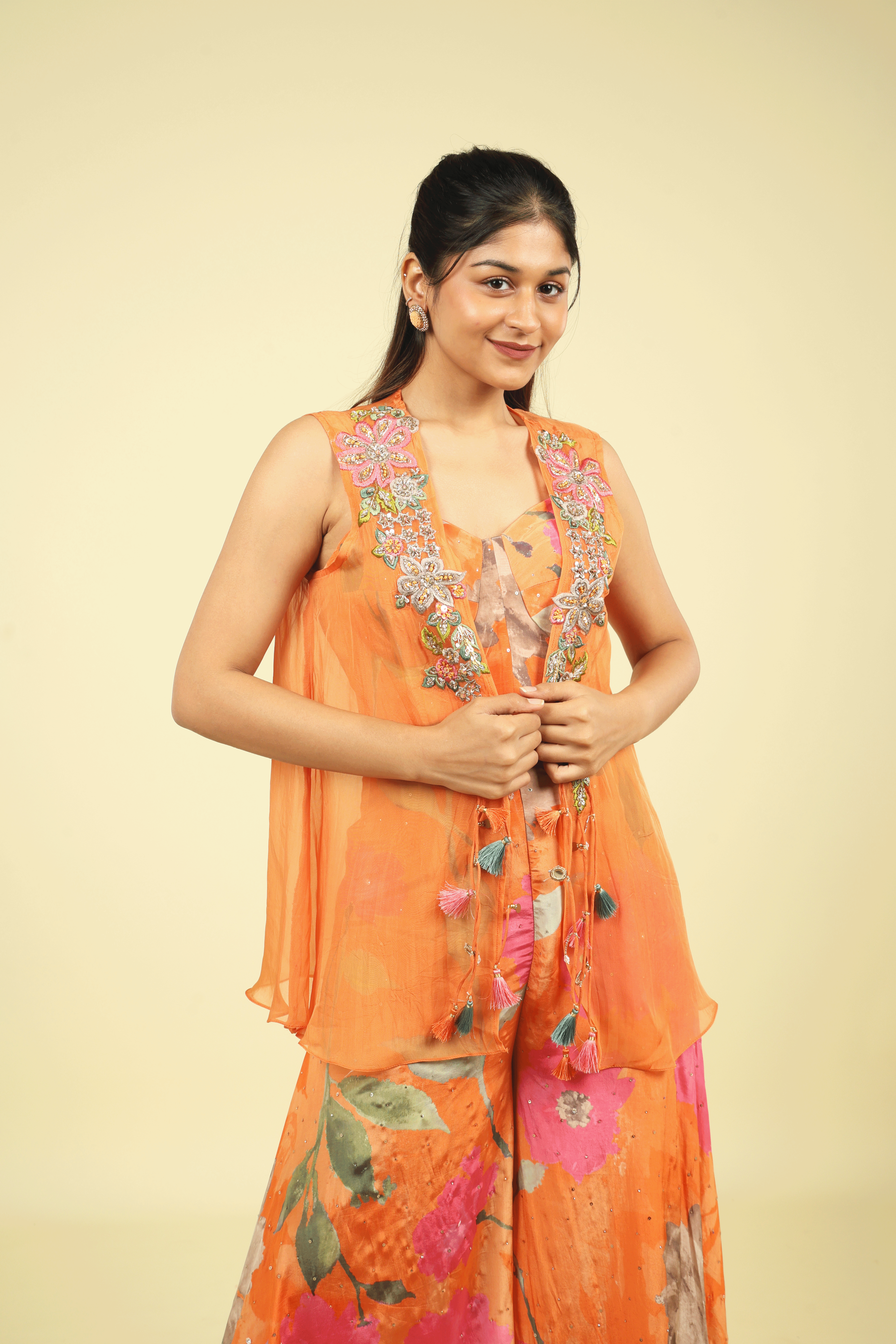 Orange Multi-Colour Printed Crepe Palazzo Set with Organza Jacket