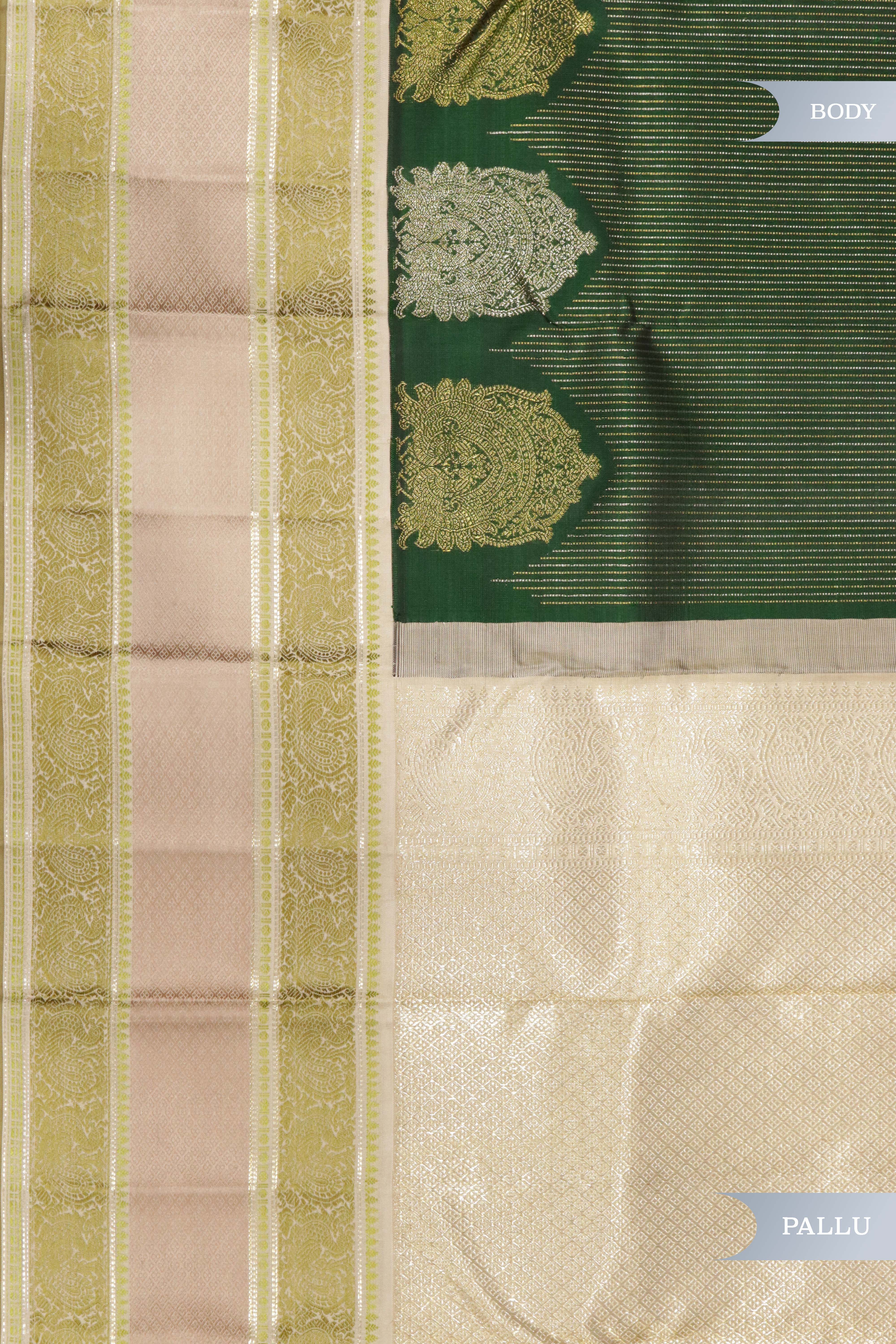 Bottle Green Kanchipuram Silk Saree with Self Stripes, Zari Weaving & Contrast Thread Border