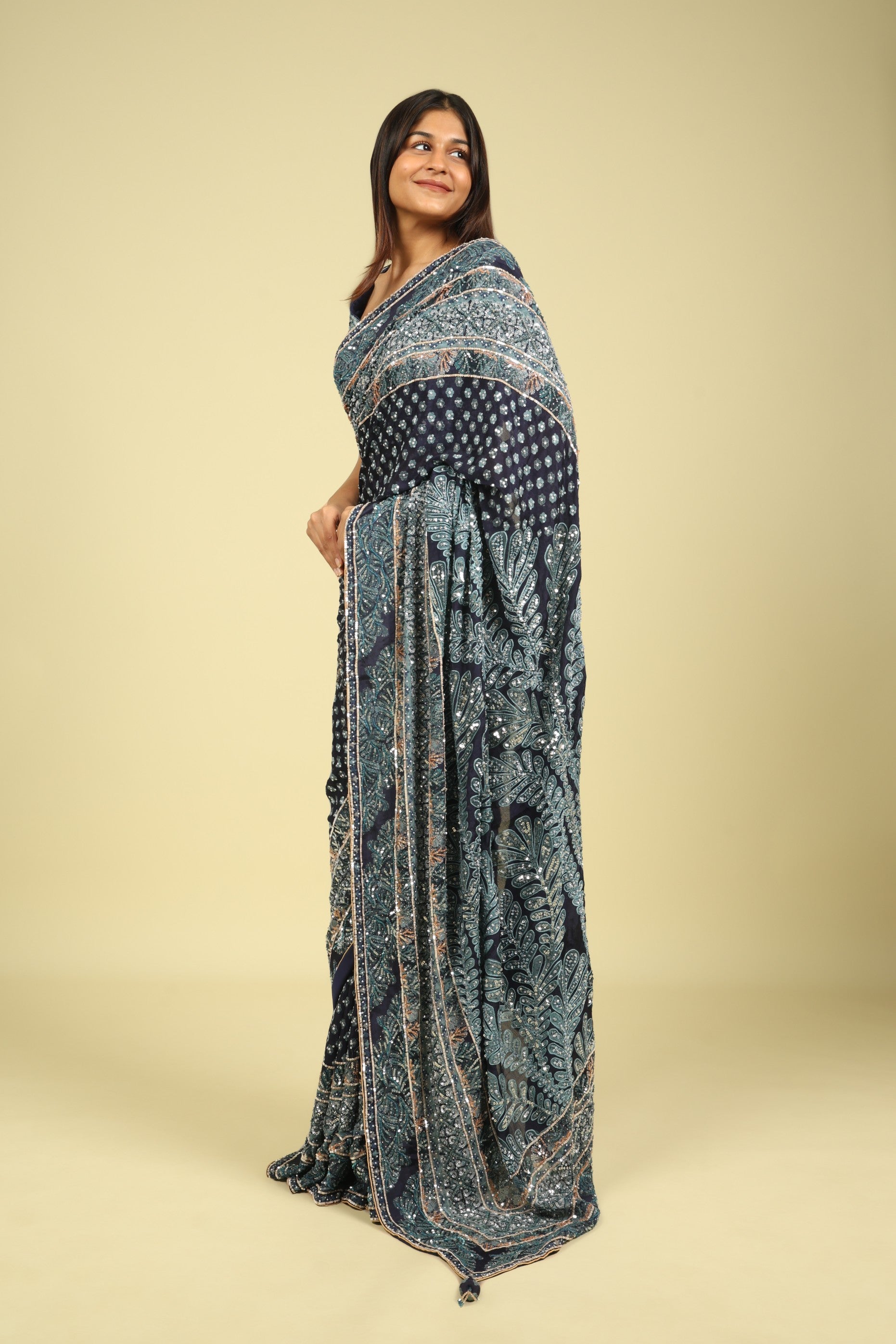 Dark Blue Soft Georgette Saree with All-Over Fancy Sequin Highlights