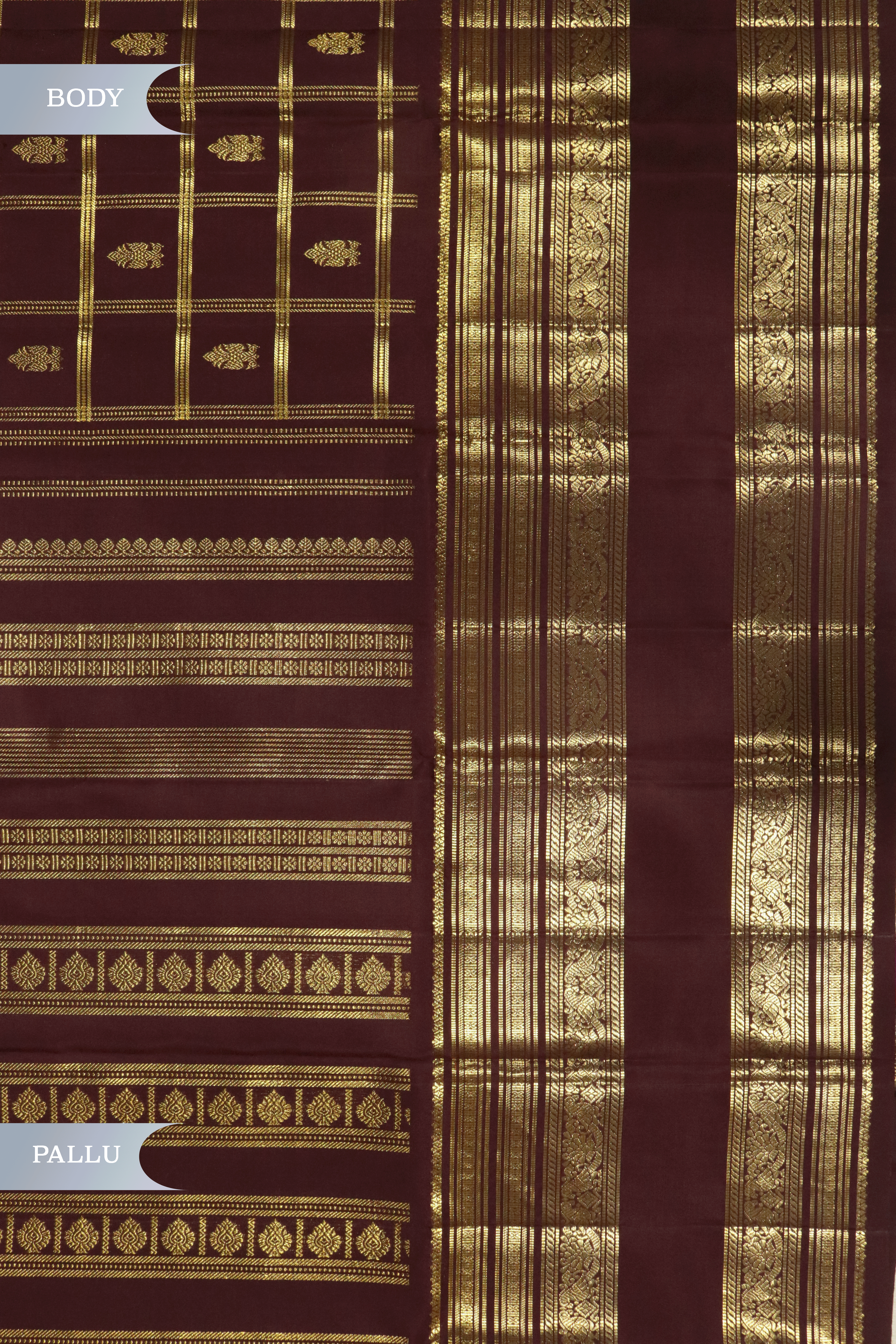 Chocolate Brown Kanchipuram Silk Saree with Zari Checks, Motifs & Long Zari Border